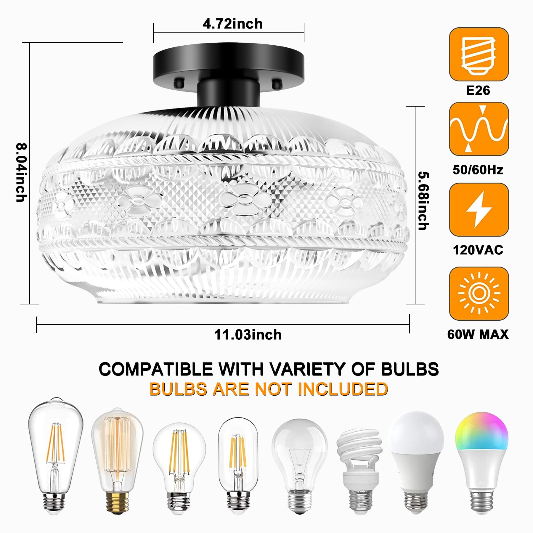 Apoto 11'' Large Semi Flush Mount Ceiling Light,Black Globe Glass Ceiling Light Fixture,Vintage Hallway Light Fixture Ceiling,Cl