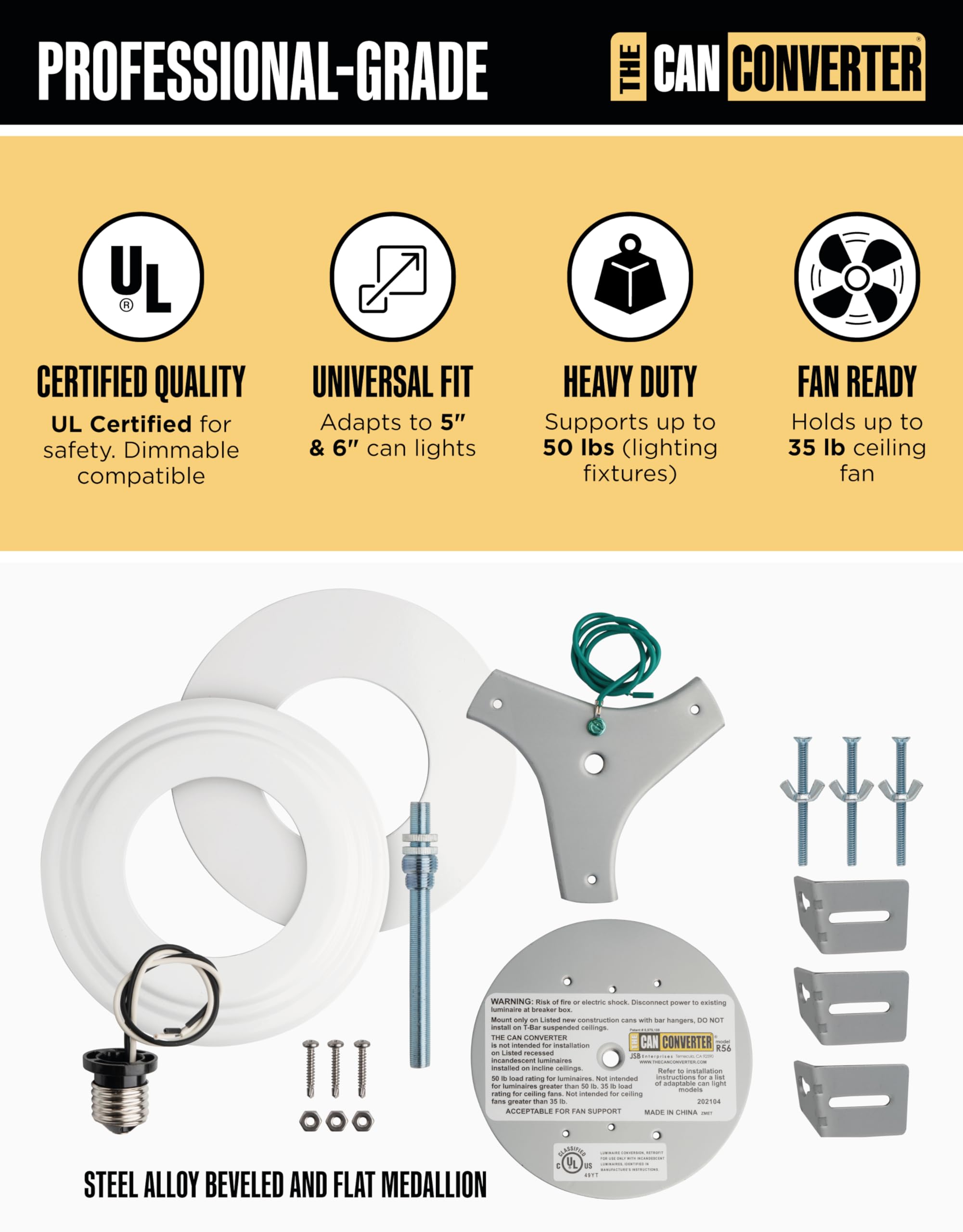 The Can Converter - R56, Complete Recessed Can Light Conversion Kit, For Ceiling Light Fixture, Pendant Light, Hanging Light, Ceiling Fan, With 7’¾ Beveled & Flat, Steel, Ceiling Medallion, White