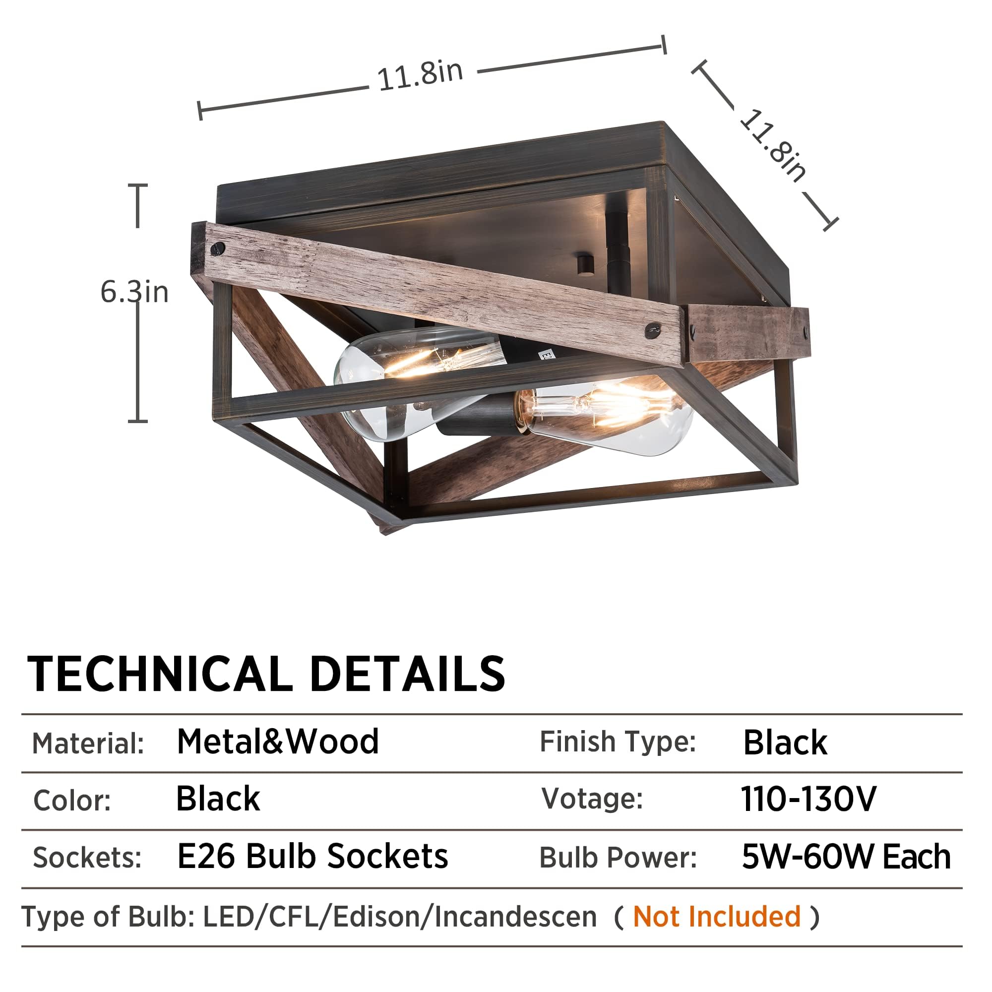 Mayna 2-Light Rustic Ceiling Light Fixture, Farmhouse Flush Mount Ceiling Light, Metal And Wood Square Ceiling Lamp For Hallway