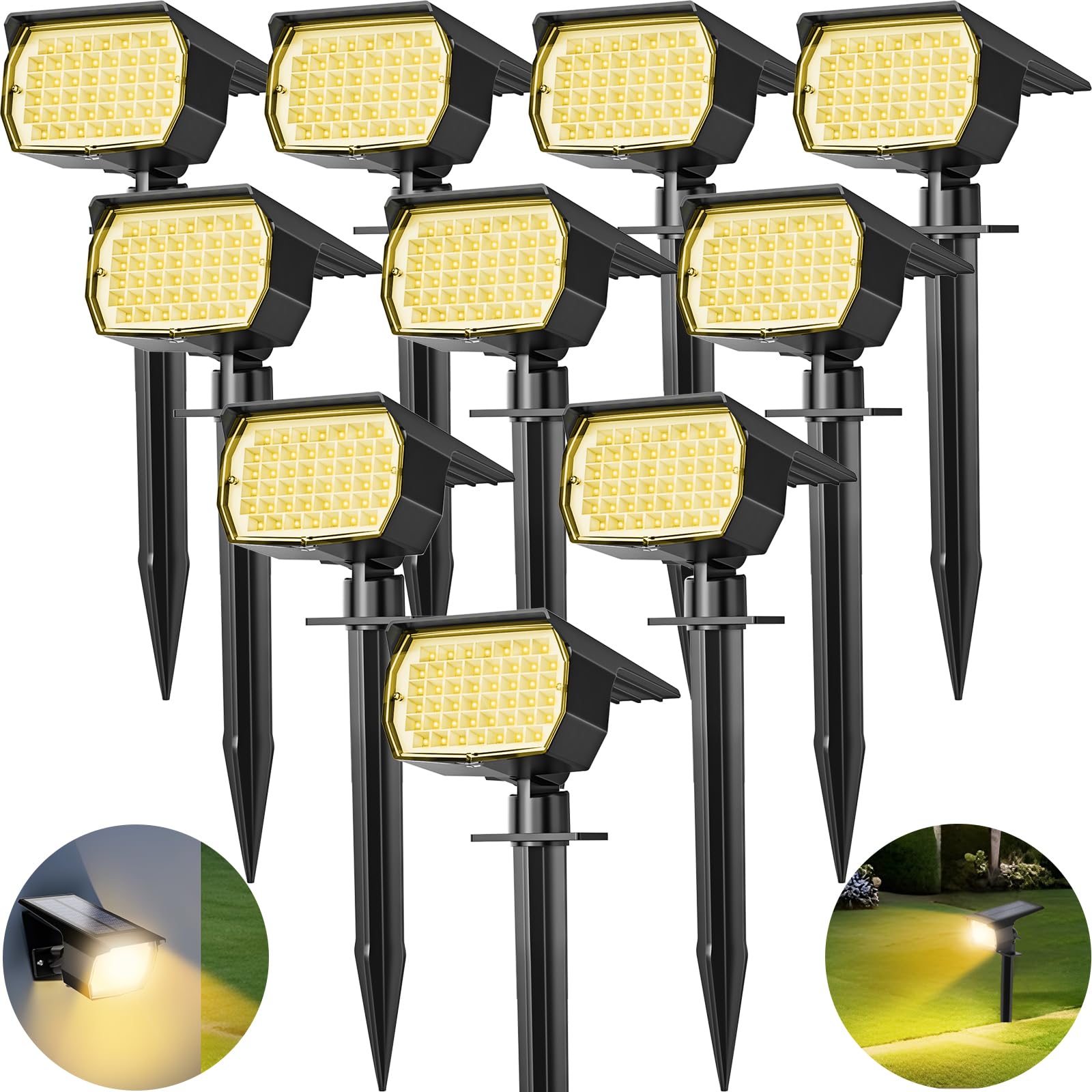 Tadyreal Solar Spot Lights 10 Pack, 46 LED, 3 Modes, Waterproof, 2-in-1 Auto On/Off, Warm White, Model CPD-46