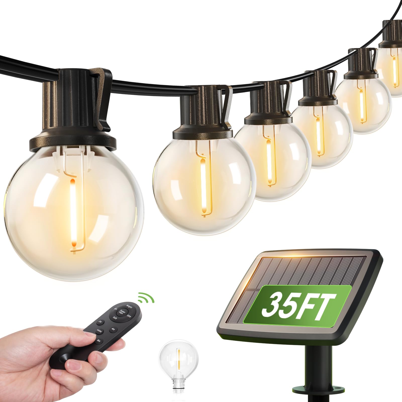 addlon 35FT Solar String Lights Outdoor with Remote, Waterproof G40 Solar Powered String Lights with 16 Shatterproof Bulbs, Dimm