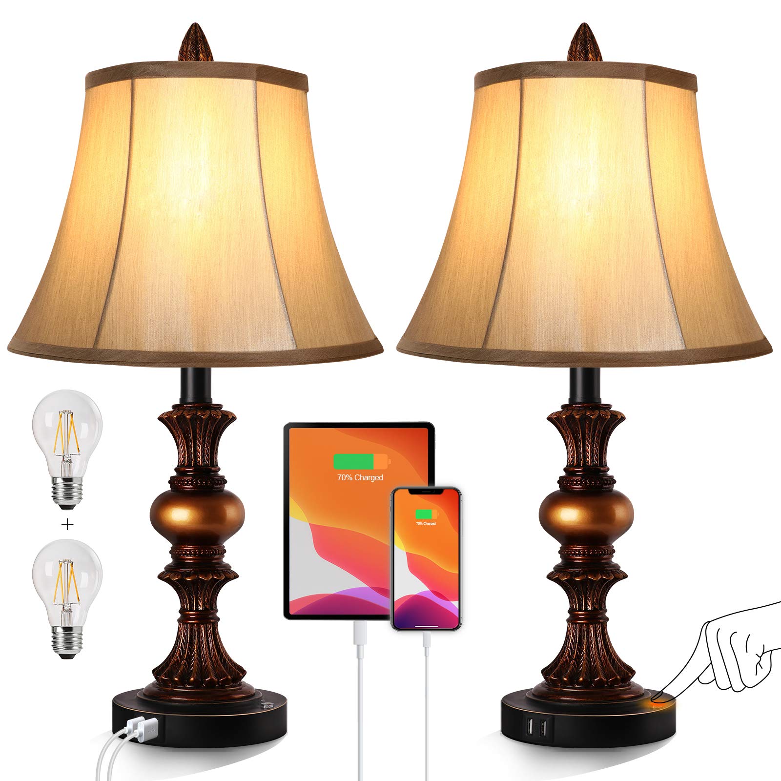 Touch Control Traditional Table Lamp Set Of 2, Vintage Bedside Lamps With Dual Usb Charging Ports, 3-Way Dimmable Bronze Finish Desk Lamps With Bell Shape Faux Silk Shade For Living Room, Bedroom