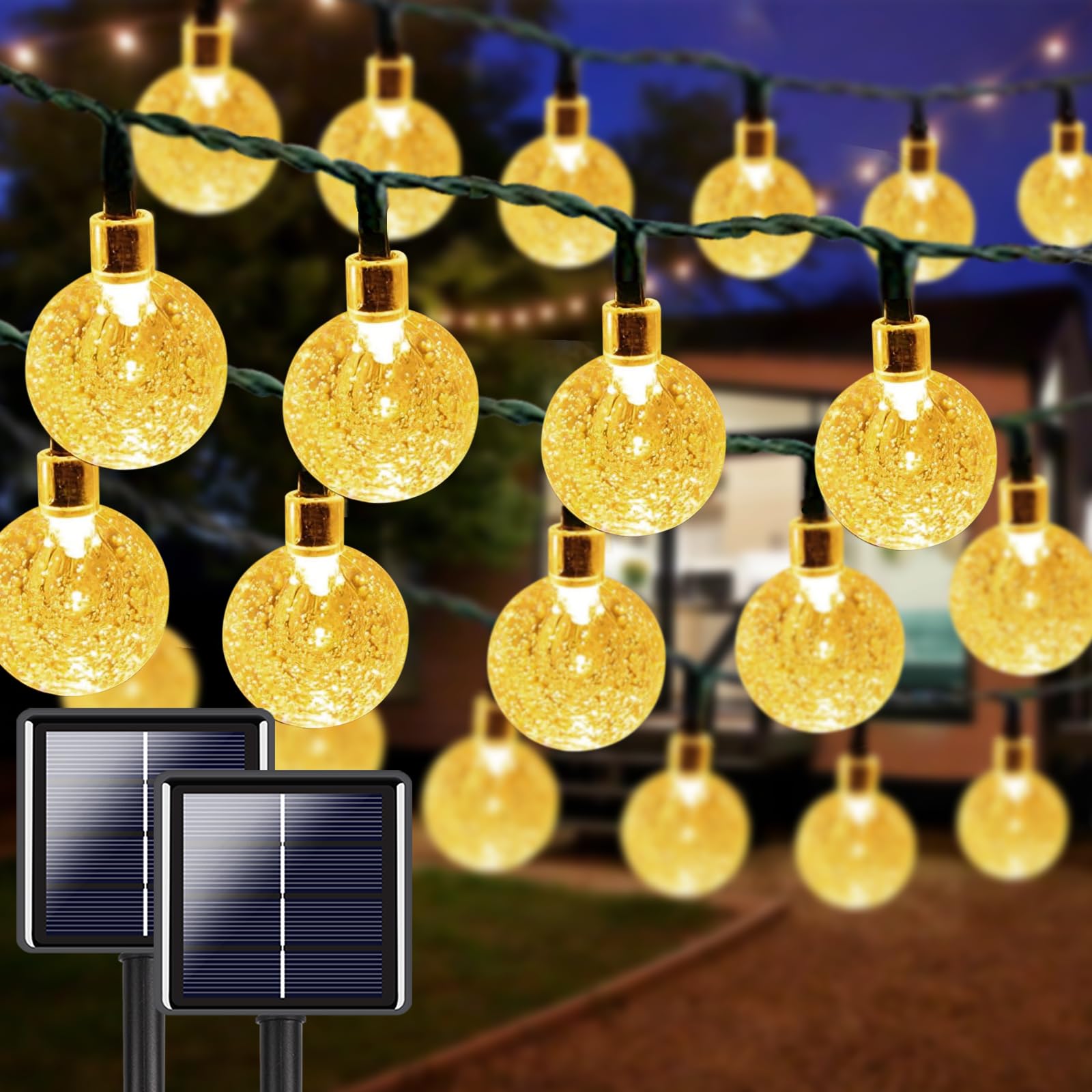 Lorryte 2-Pack 64Ft 100 Led Crystal Globe Solar String Lights Outdoor, Waterproof Solar Lights For Outside, 8 Lighting Modes Pat