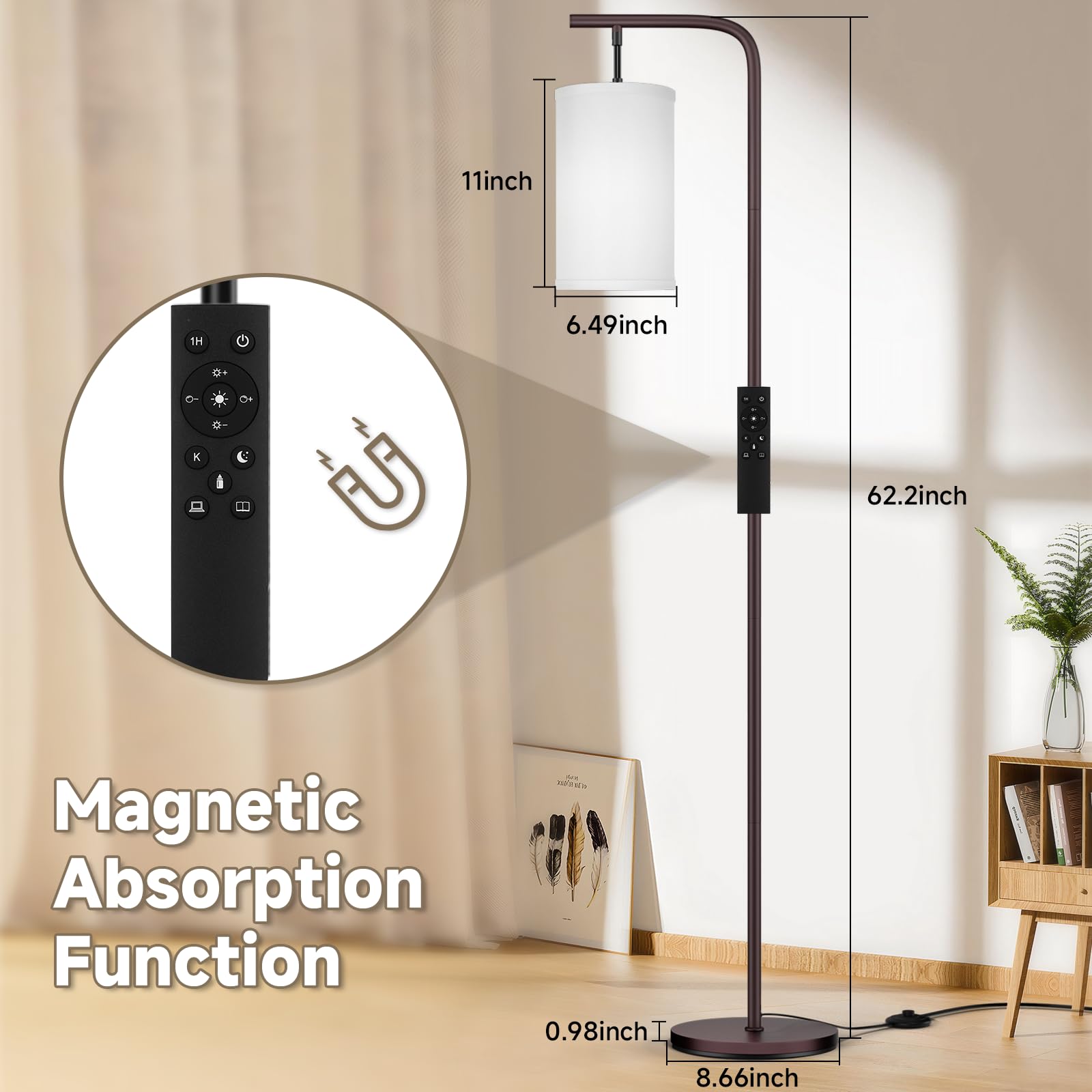 Coucrek Floor Lamp - 9W LED, Remote Custom Color Temperature & Brightness, Brown, Model F109 for Living Room & Office