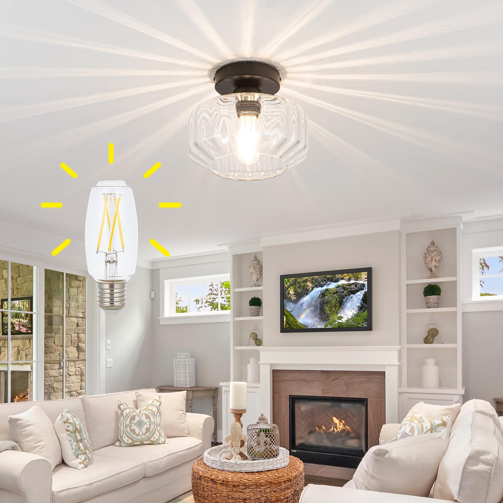 Tbaoinla Stylish Semi Flush Mount Ceiling Light With Retro Charm Hexagonal Diamond Textured Glass Shade Black Base Includes Led