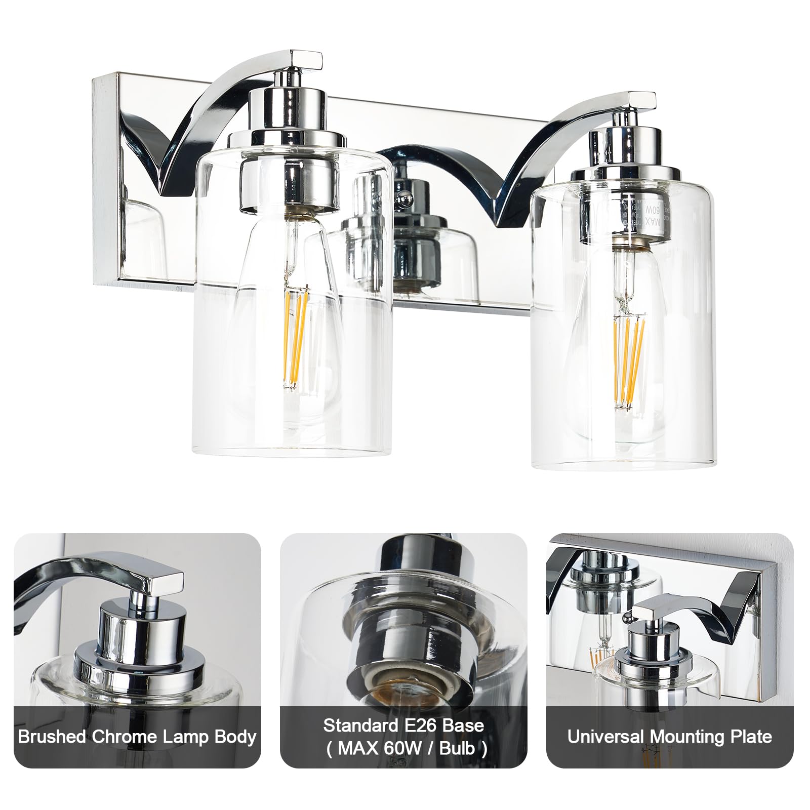 Alaislyc Chrome 2-Light Bathroom Vanity Light Fixture With Clear Glass Shade For Mirror