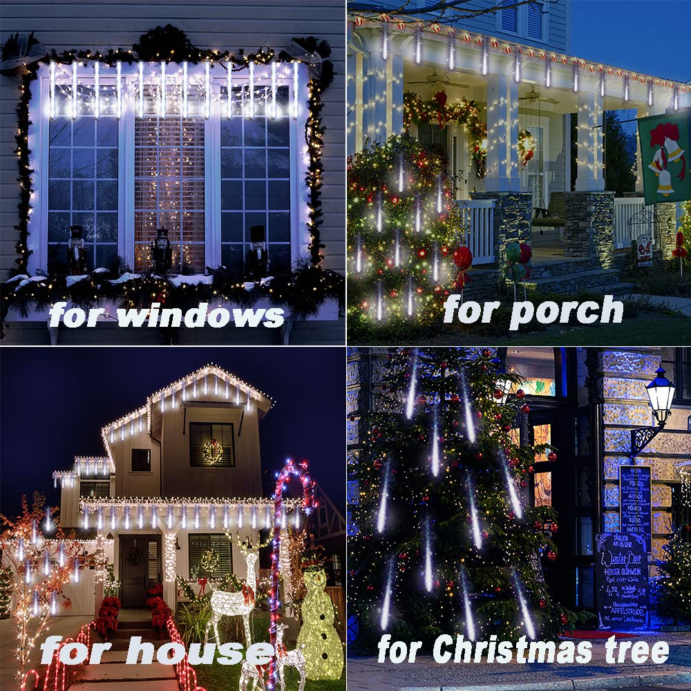 Purtuemy Meteor Shower Lights, 12-Inch 8 Tubes, LED Snow Falling Icicle String Lights, 10.5ft, White, Model 30CMwhite