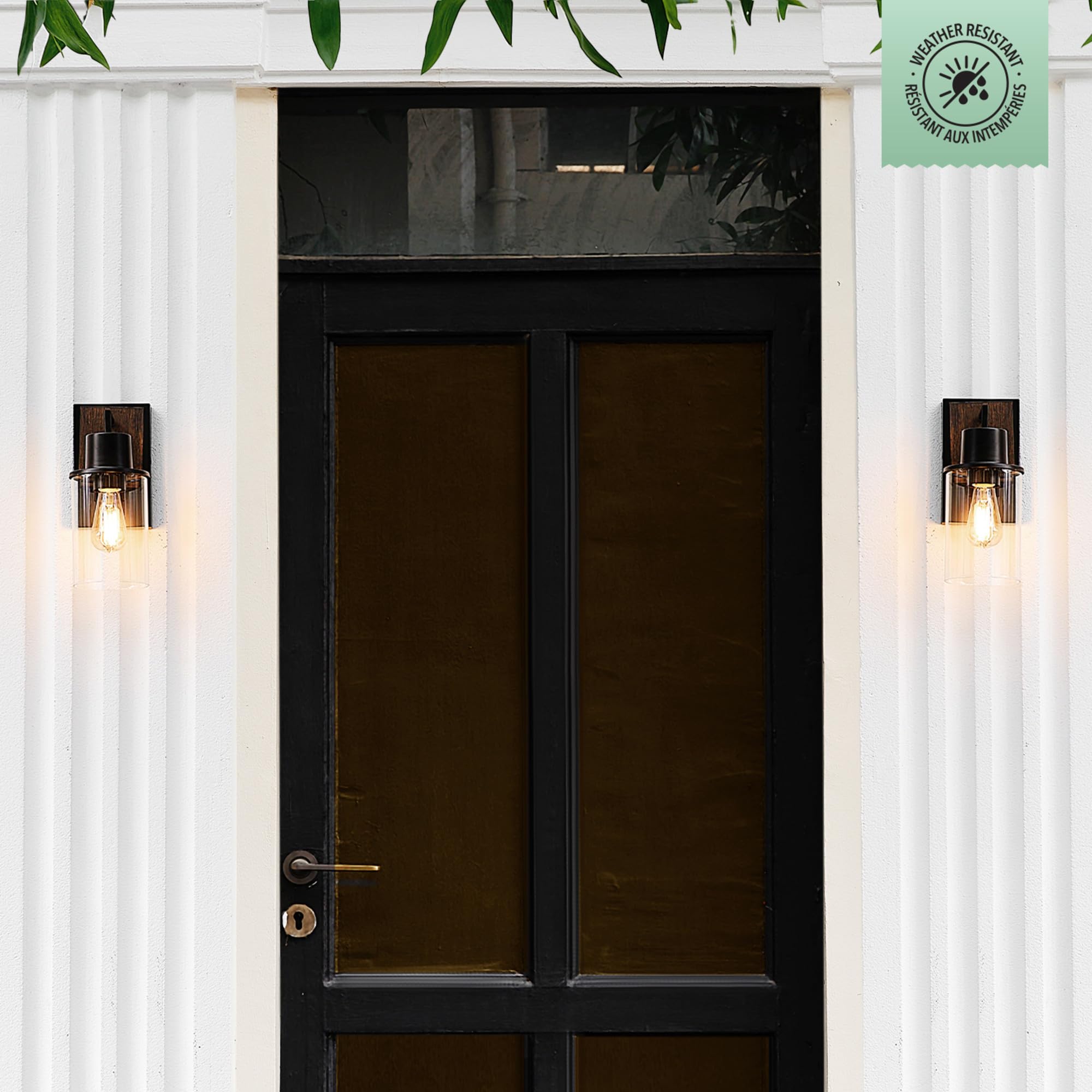 Globe Electric 60000025 1-Light Outdoor Wall Sconce, Matte Black, Faux Wood Accent, Clear Glass Shade, E26 Bulb, Outdoor Lightin