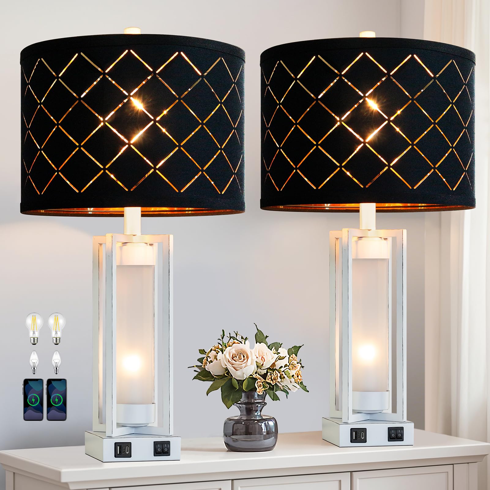 Roriano 25'' Set Of 2 Farmhouse Table Lamps With Usb C+A Ports, Rustic Retro Nightstand Lamps With White Night Light, Black Grid