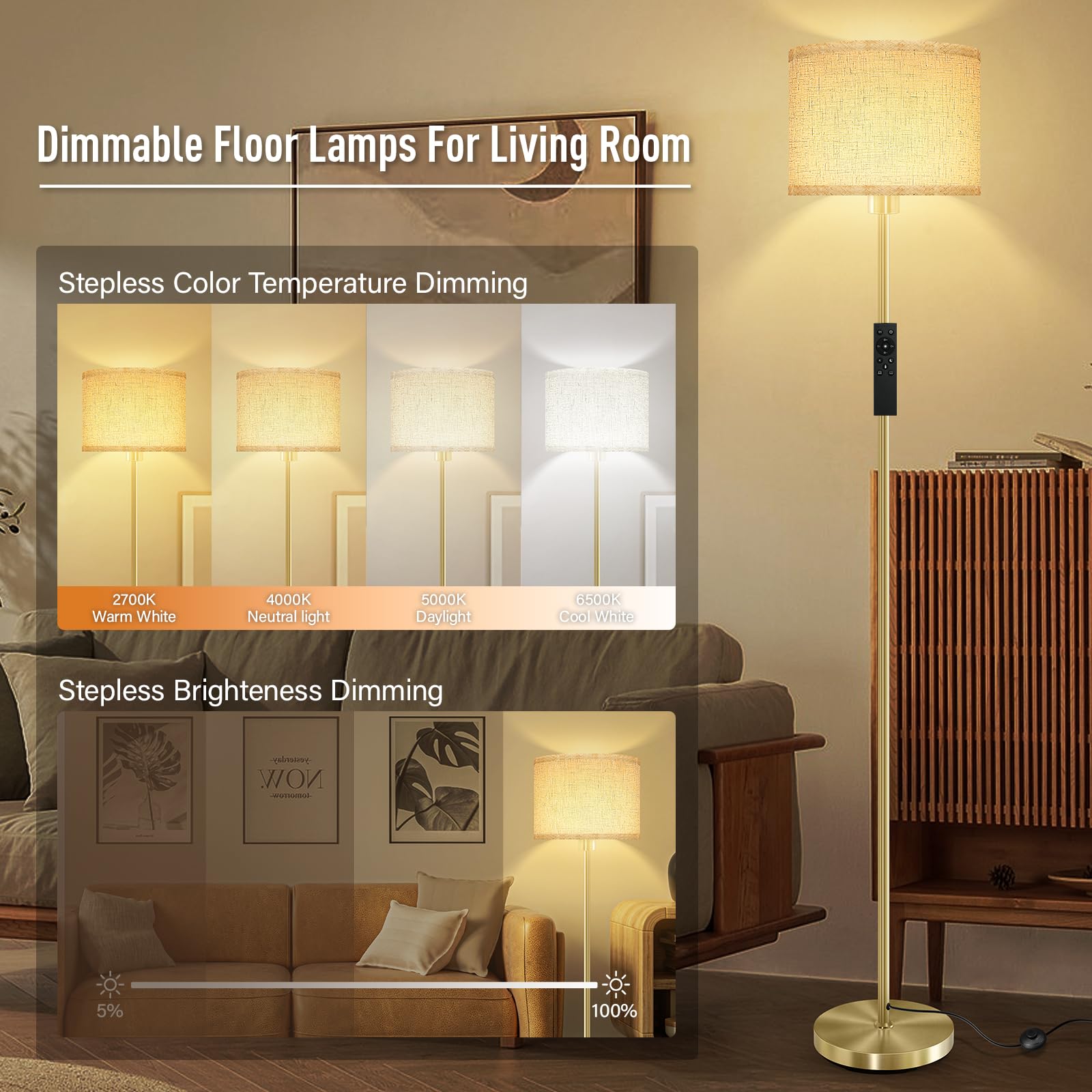 Bricosmocon Gold Floor Lamp, Stepless Dimmable, Remote Control, 2700K-6500K, 10W/1200LM, Modern Design for Living Room/Office