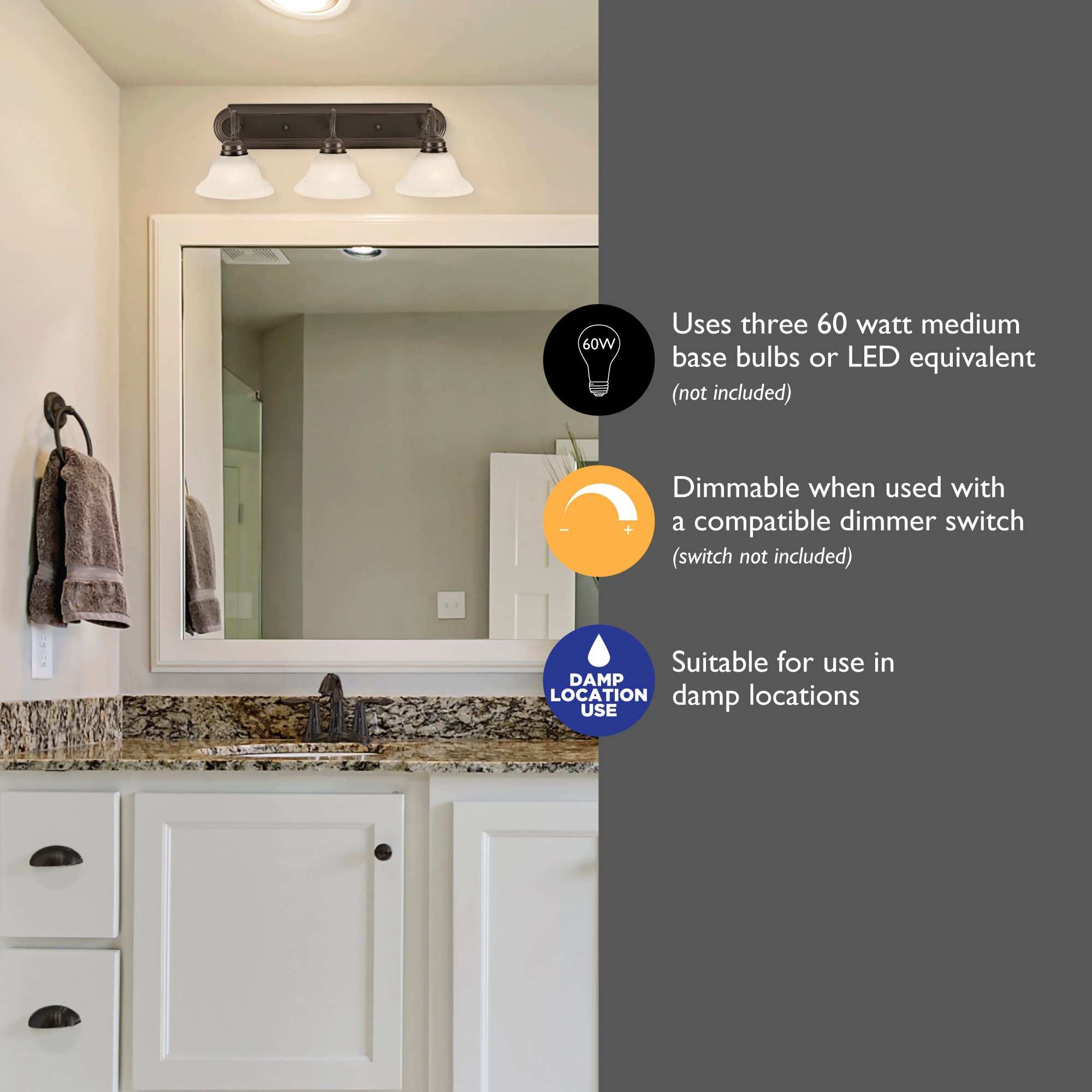 Design House 517615 Millbridge Vanity Light Dimmable With Frosted Glass For Above Bathroom Mirror, 3, Oil Rubbed Bronze