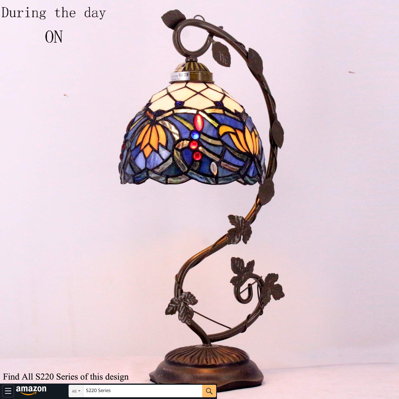 WERFACTORY Tiffany Table Lamp, Blue Stained Glass, Metal Leaf Base, 8x10x21 Inches, Lotus Style, Model S220, Perfect for Bedroom & Office