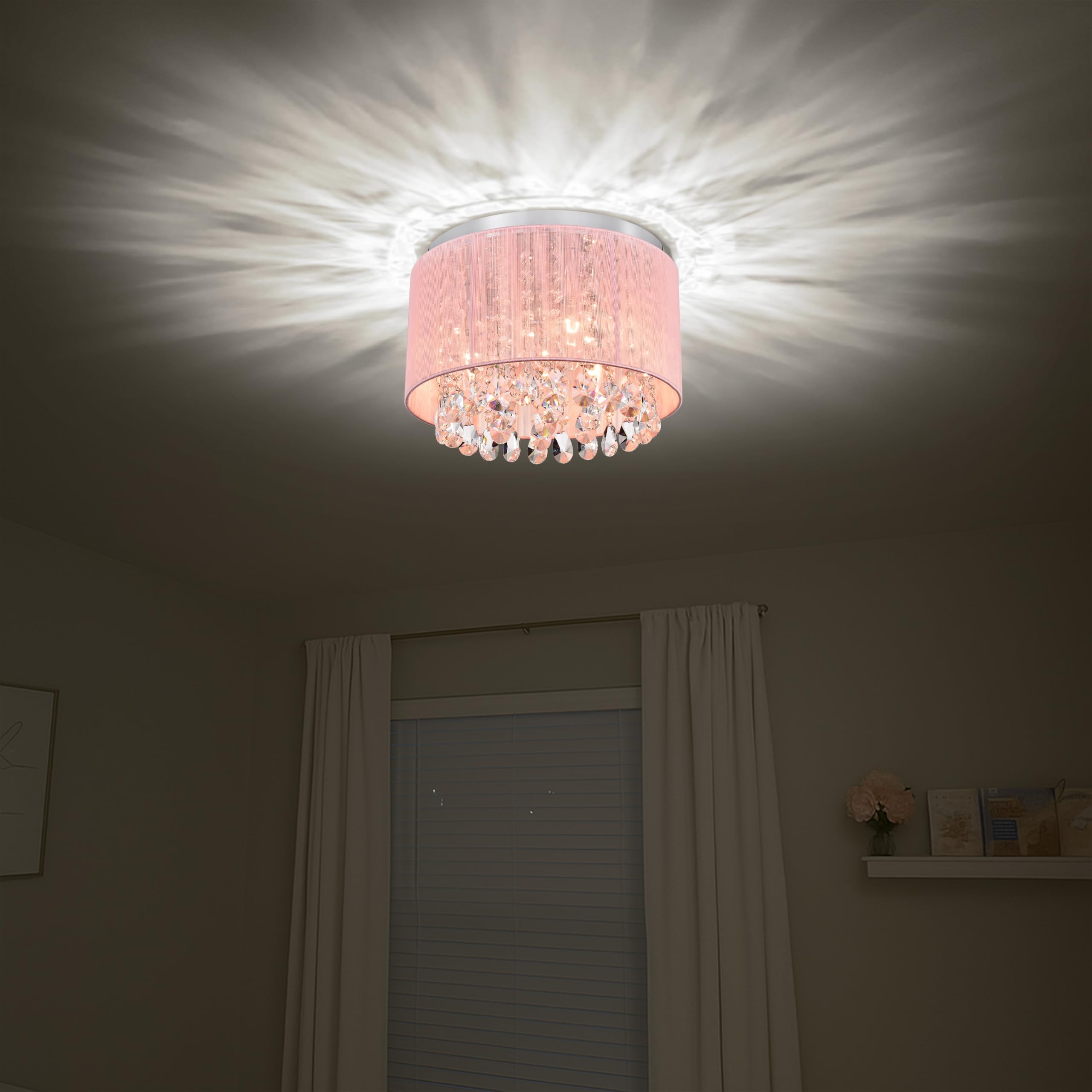 LaLuLa Pink Chandelier Drum Flush Mount Light Fixture - 3-Light 11" Round Crystal Ceiling Light for Girls Bedroom