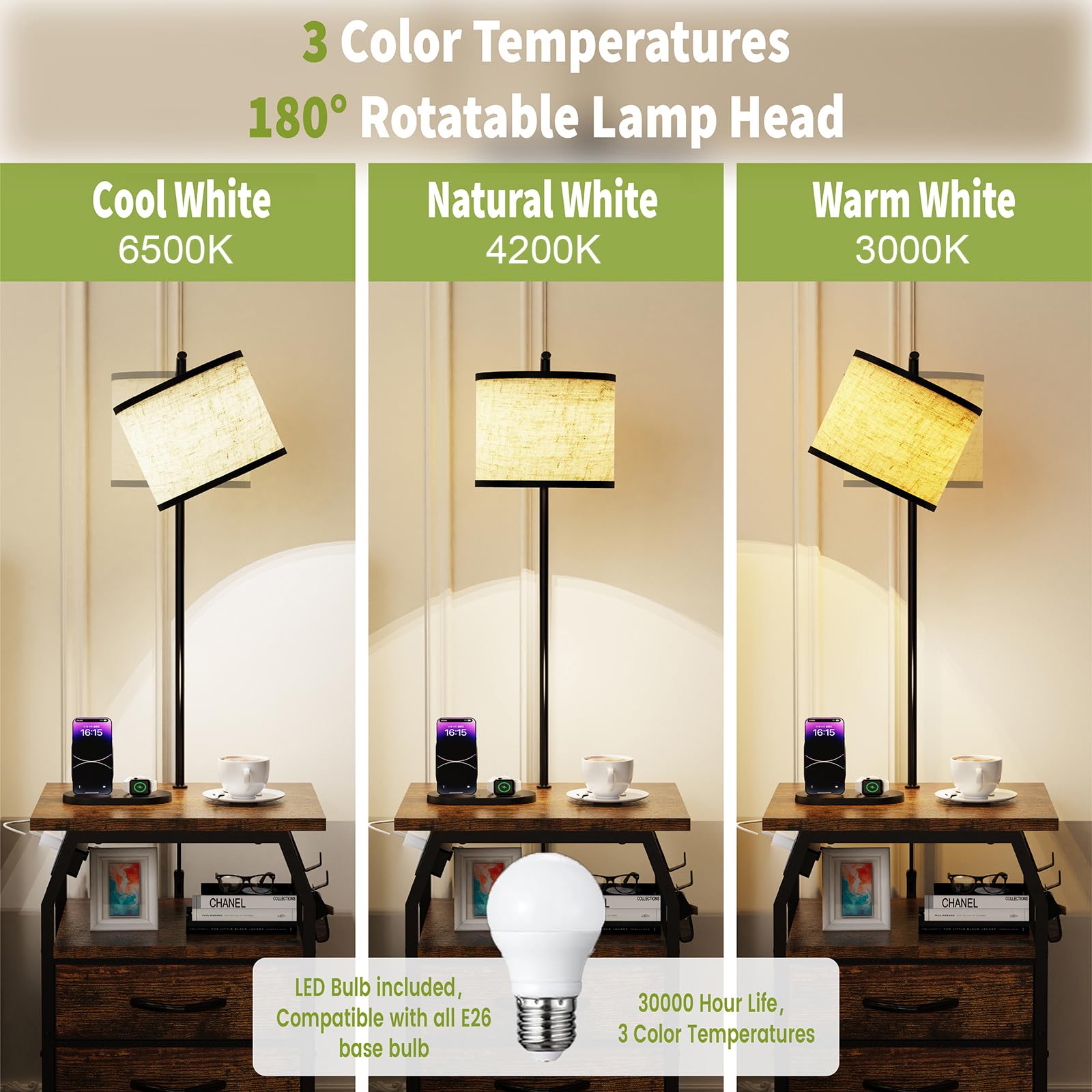 runjuly Floor Lamp & End Table Set of 2, Rustic Brown, 3-Color Temperature Bulb, Model AH0054-RB, with Charging & Drawers