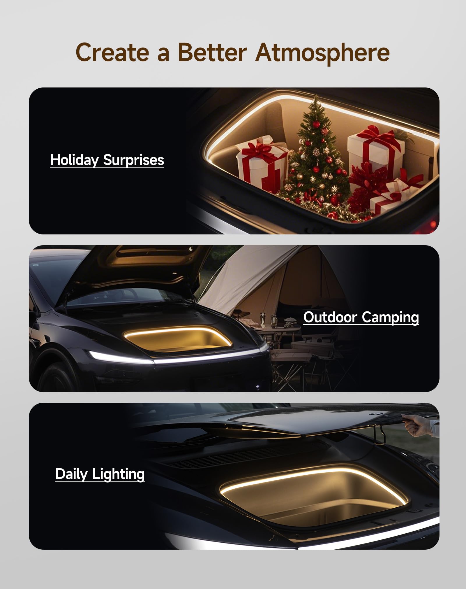 TPARTS Frunk LED Light Strip for Tesla Model Y Juniper 2025+, 3000K Warm White, Flexible Silicone, Tool-Free Installation
