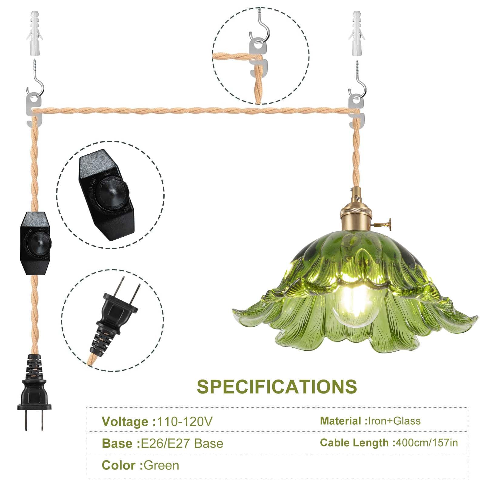Loiogohot Plug In Pendant Light Fixtures Hanging Light Fixture Corded On/Off Switch 11 Inch E26 Green Glass Lampshade Pendant Lighting For Kitchen Island  Bedroom  Dining Room