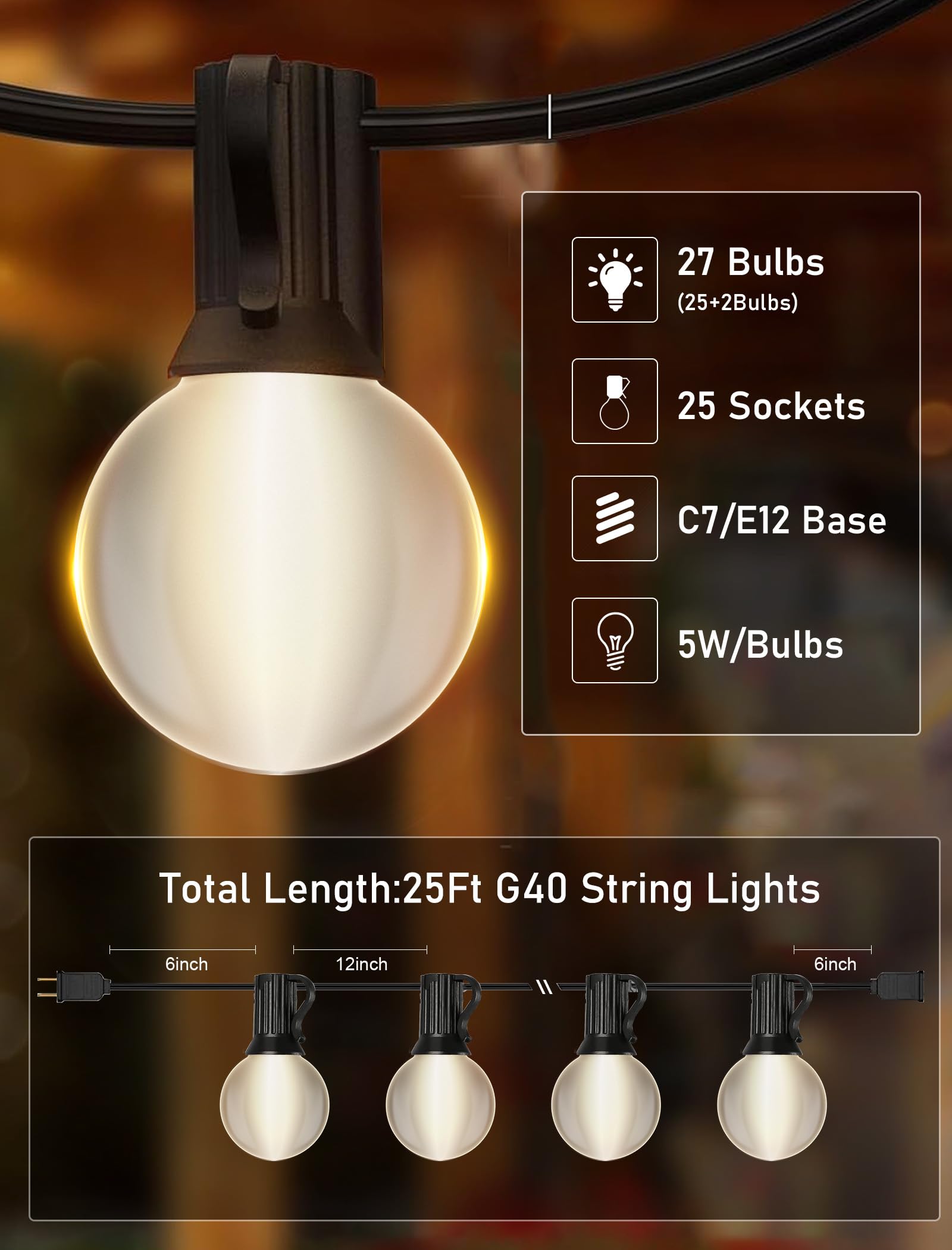 Romasaty 25Ft Frosted White Lights G40 Globe Outdoor String Lights Patio Lights With 25 Frosted White Globe Bulbs - Black Wire