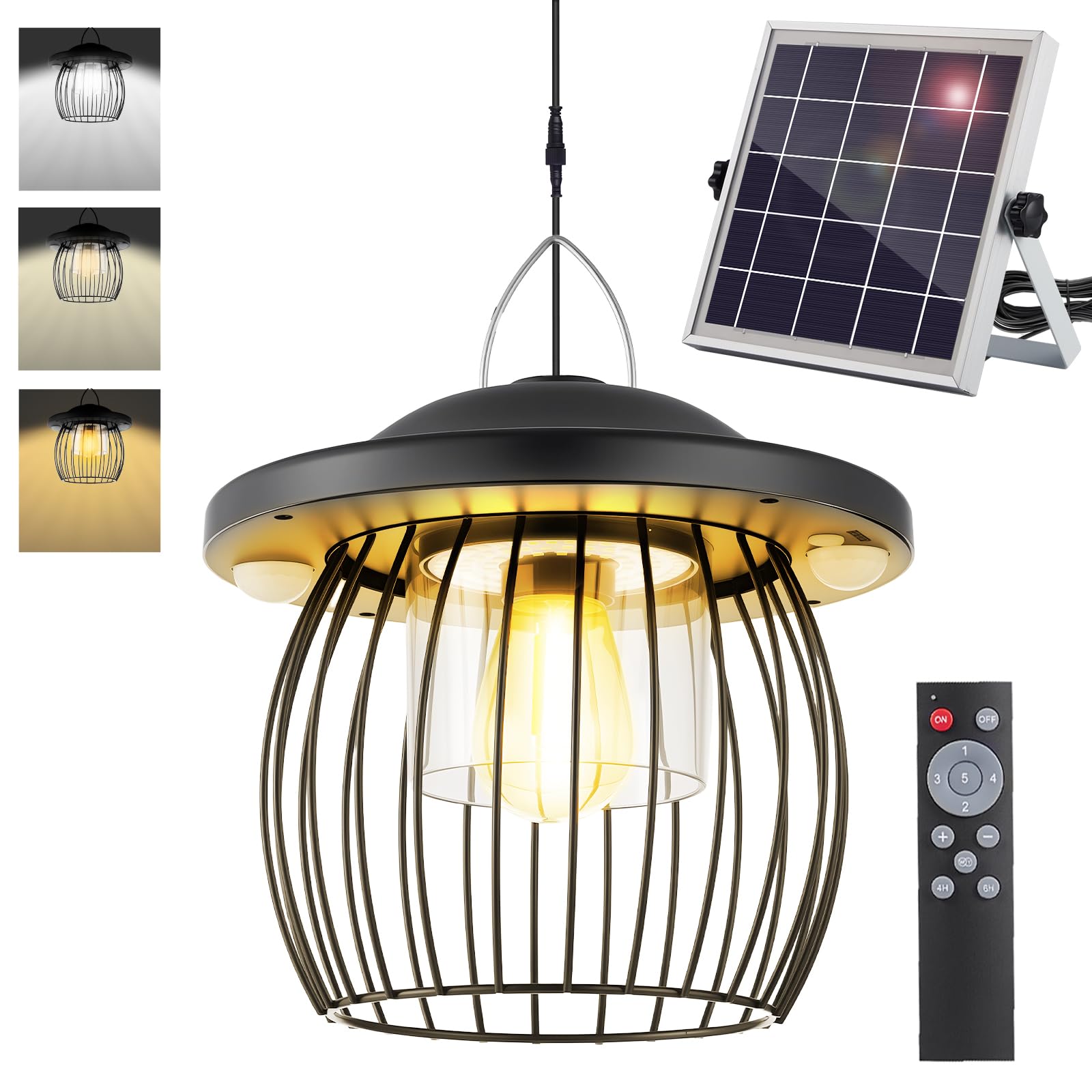 Deogos Solar Pendant Light - 3000LM, 4400mAh Battery, Motion Sensor, 3 Color Temperatures, Waterproof, Black, Gazebo Size