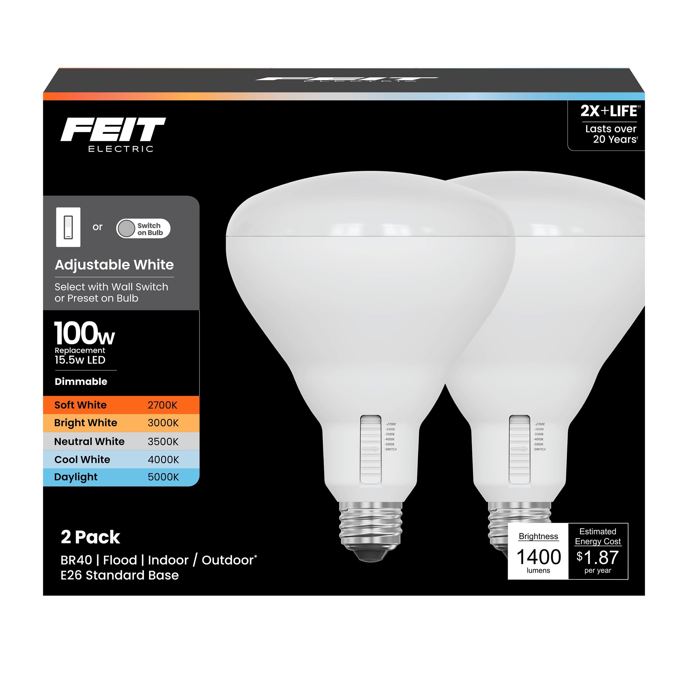 Feit Electric Br40 Led Light Bulb, 100W Equivalent, Dimmable, 1400 Lumens, 5-Color Adjustable White, 90+ Cri, General Purpose Fl