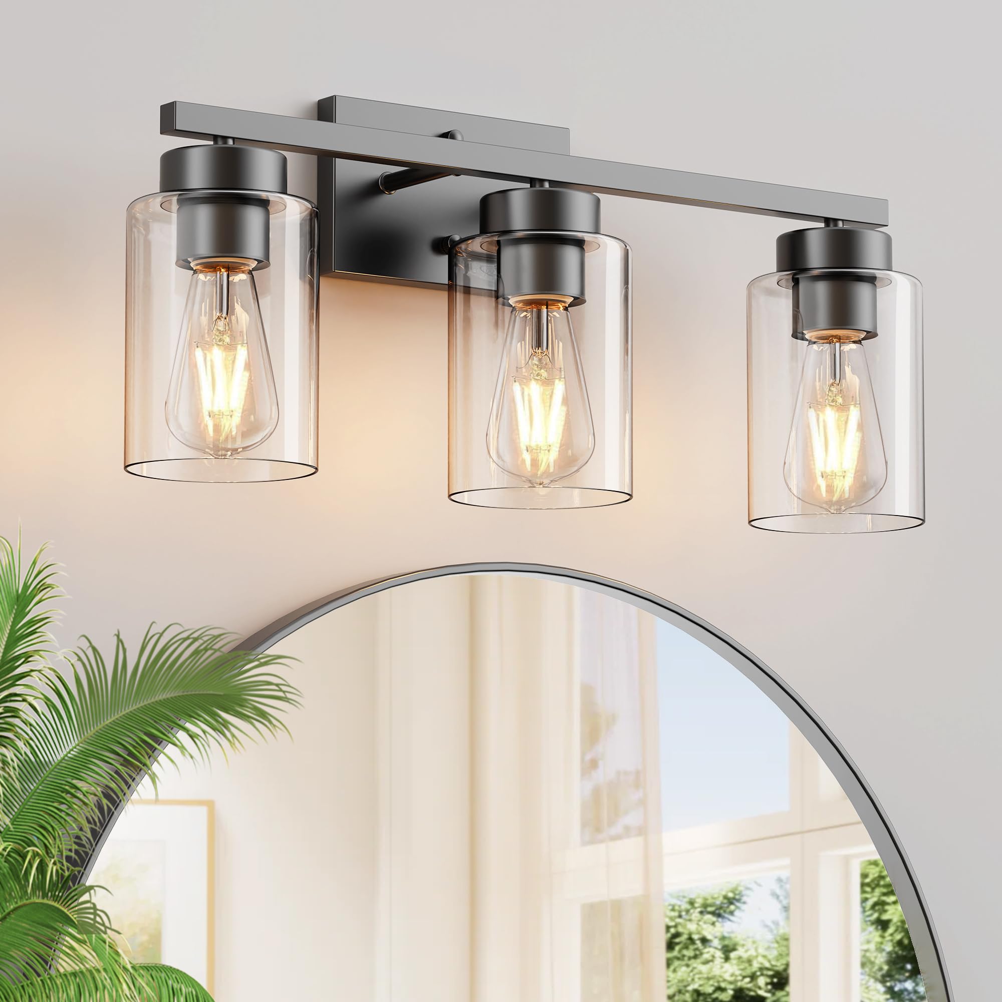 Partphoner 3-Light Bathroom Light Fixtures  Matte Black Vanity Light With Clear Glass Shade  Modern Wall Sconce For Mirror Bedroom Living Room Hallway Lighting