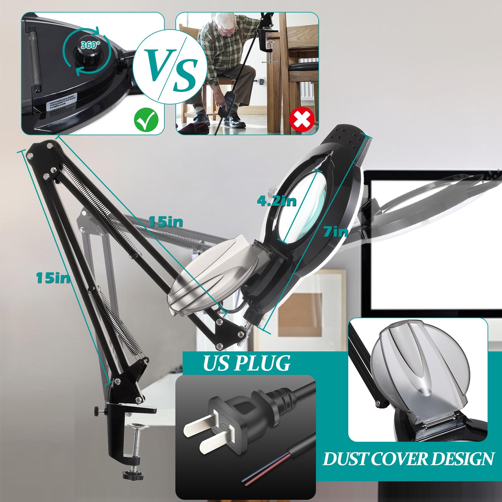 NUEYiO 10X Magnifying Glass Lamp with Light, 4.2" Real Glass Lens, Adjustable Swing Arm, Black, Model NU-JDK-H