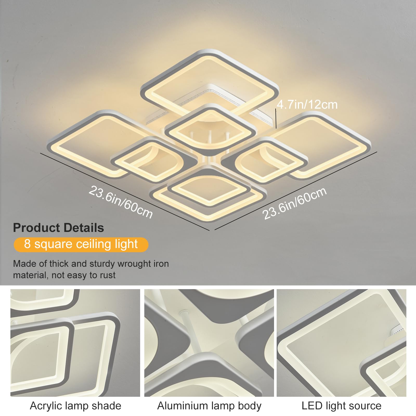 Jaycomey Modern Led Ceiling Light, Dimmable Flush Mount Ceiling Lights Fixture With Remote Control, 23.6'' 8-Square Acrylic Ceil