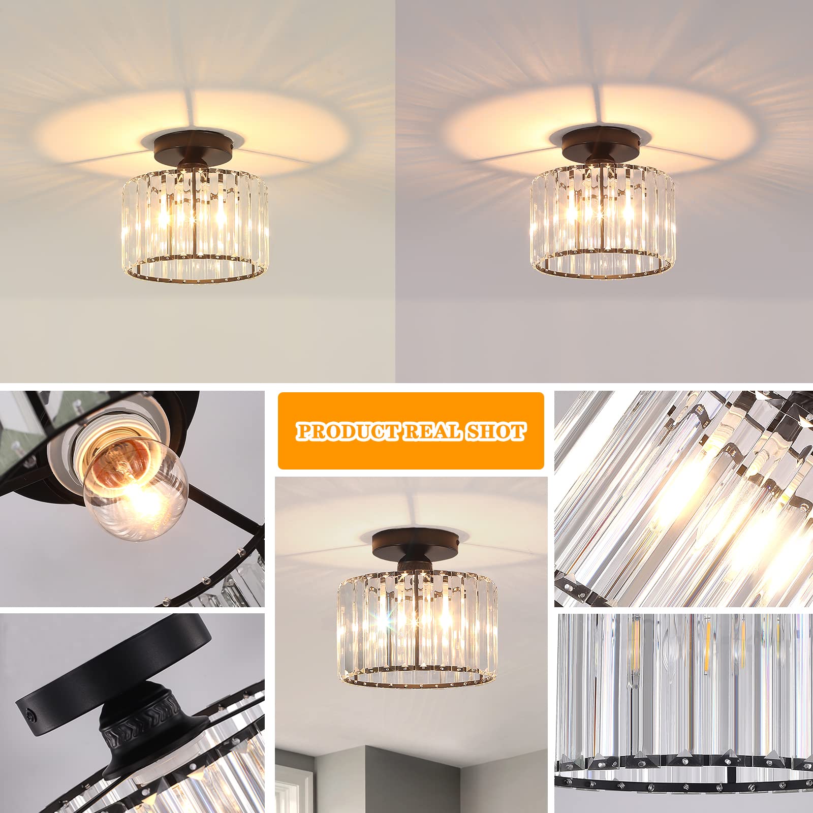 BUXVRCS Semi Flush Mount Chandelier, Crystal Ceiling Light, Black, Model SJD-45, Ideal for Living Room, Bedroom, Hallway, Kitchen