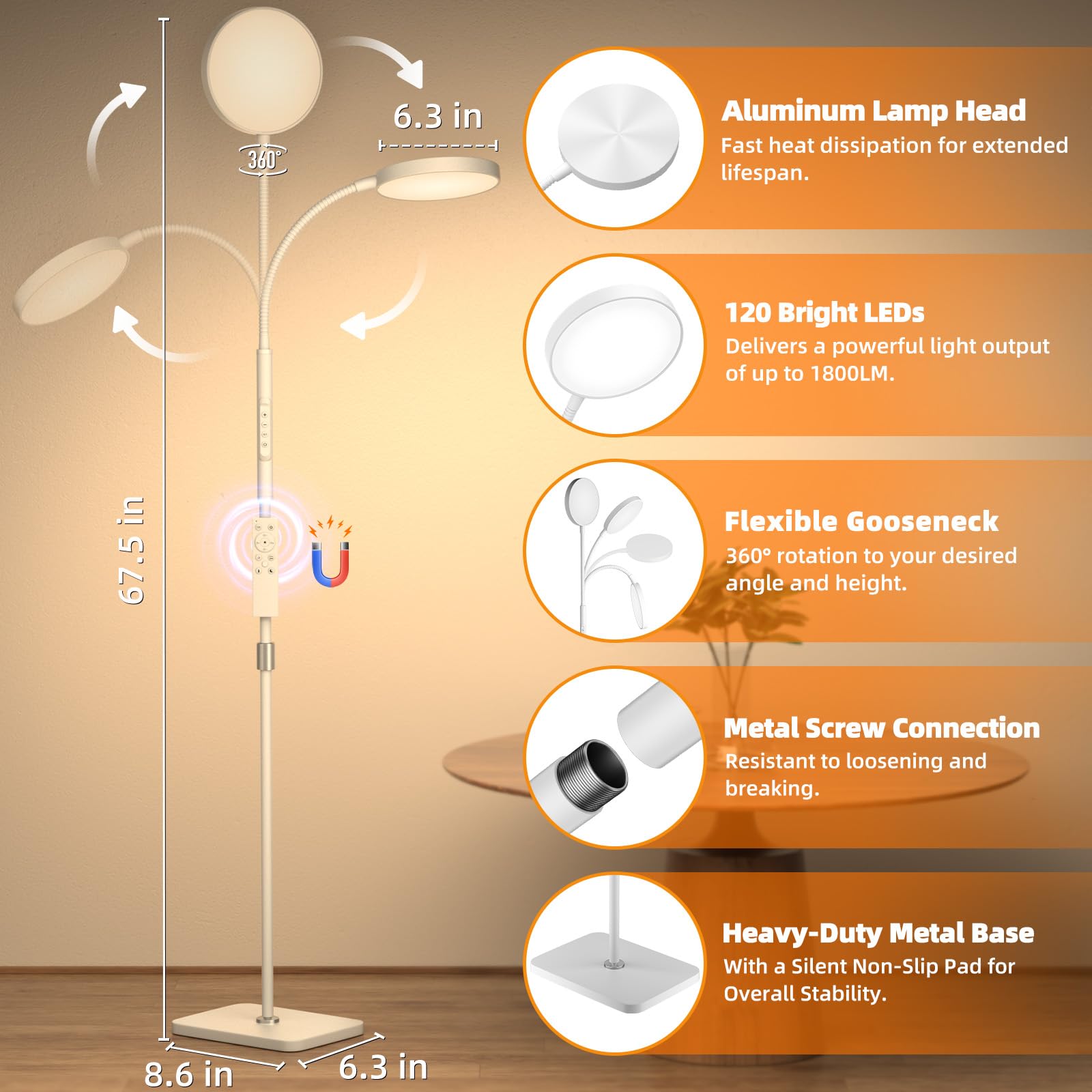 PACOVY Adjustable Height Floor Lamp, LED Dimmable Gooseneck, Copper, 1 Pack, White, Model ADJ-01