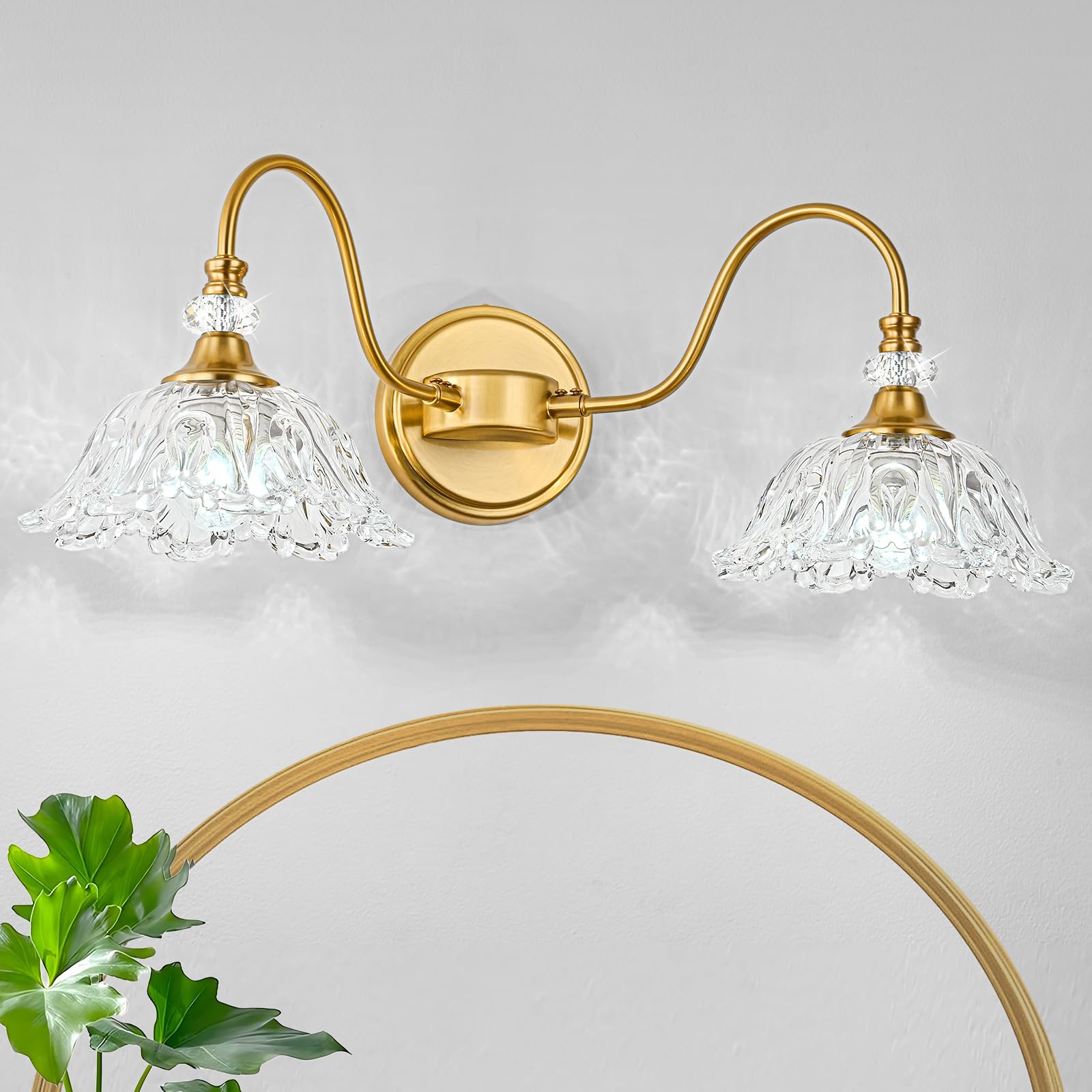 Sunkryster Gold Bathroom Vanity Light  2-Light Brushed Gold Finish Vanity Light With Floral Clear Glass Shades  Retro Wall Mount Lighting For Bathroom  Dressing Table