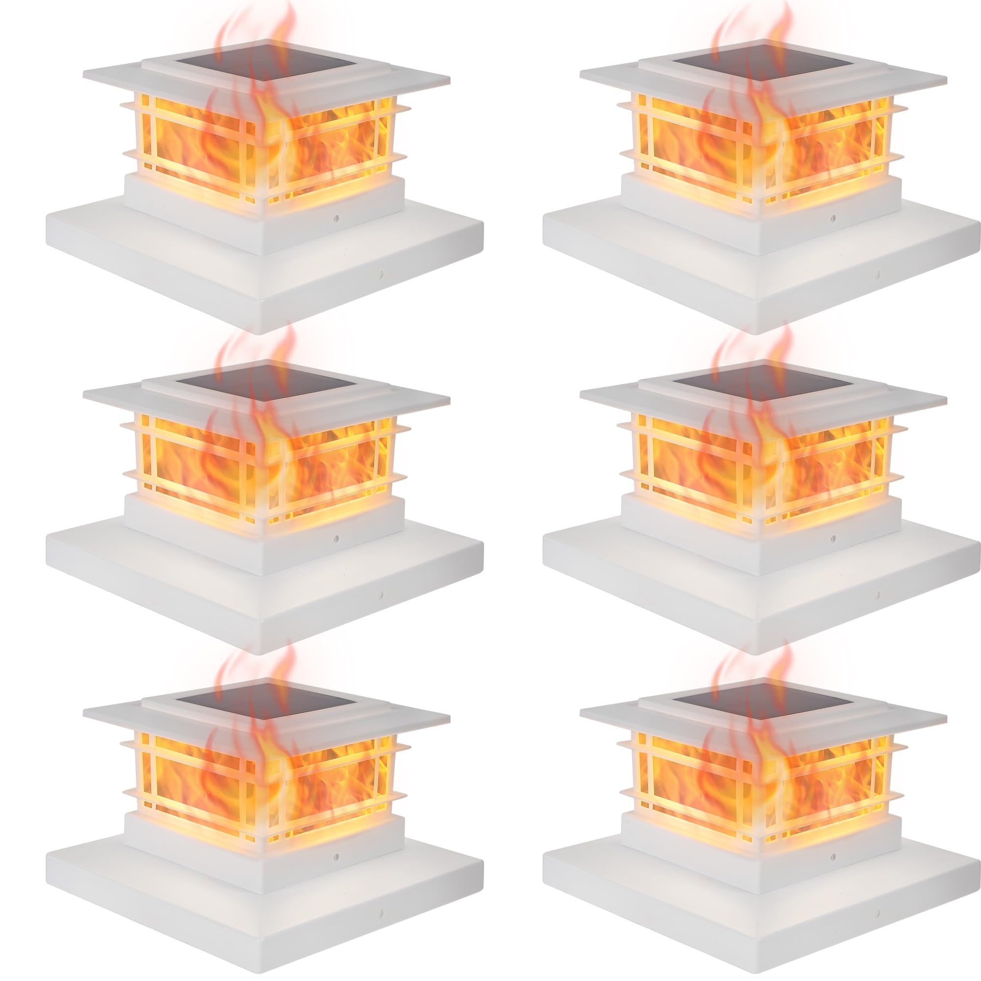 Dynaming 6 Pack Solar Flame Post Lights Outdoor, Solar Powered Fence Post White Shell Cap Light, High Brightness Flickering Flame LED LiVinyl/Wooden Postseck Patio, Fit 4x4 5x5 6x6 Vinyl/Wooden Posts