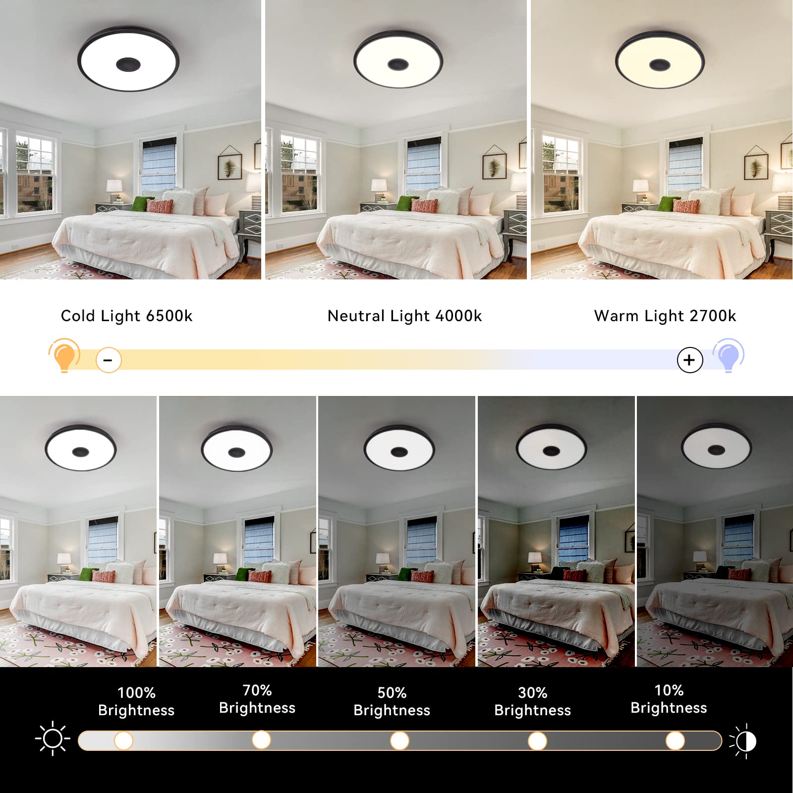 Asall Black Waterproof Led Ceiling Light Fixture,With Bluetooth Speaker,11 Inch,18 Watt, 2700K-6500K Dimmable Music Lamp,Rgb Col