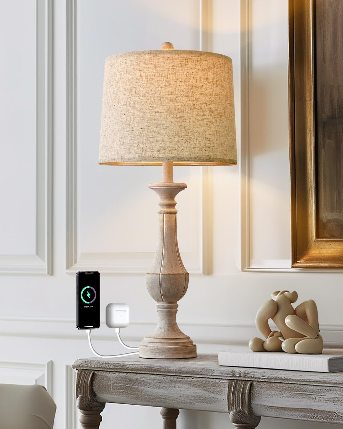 PoKat Table Lamp with 2 USB Ports, Distressed White, Mid Century Design for Living Room or Bedroom, 27.25 inches
