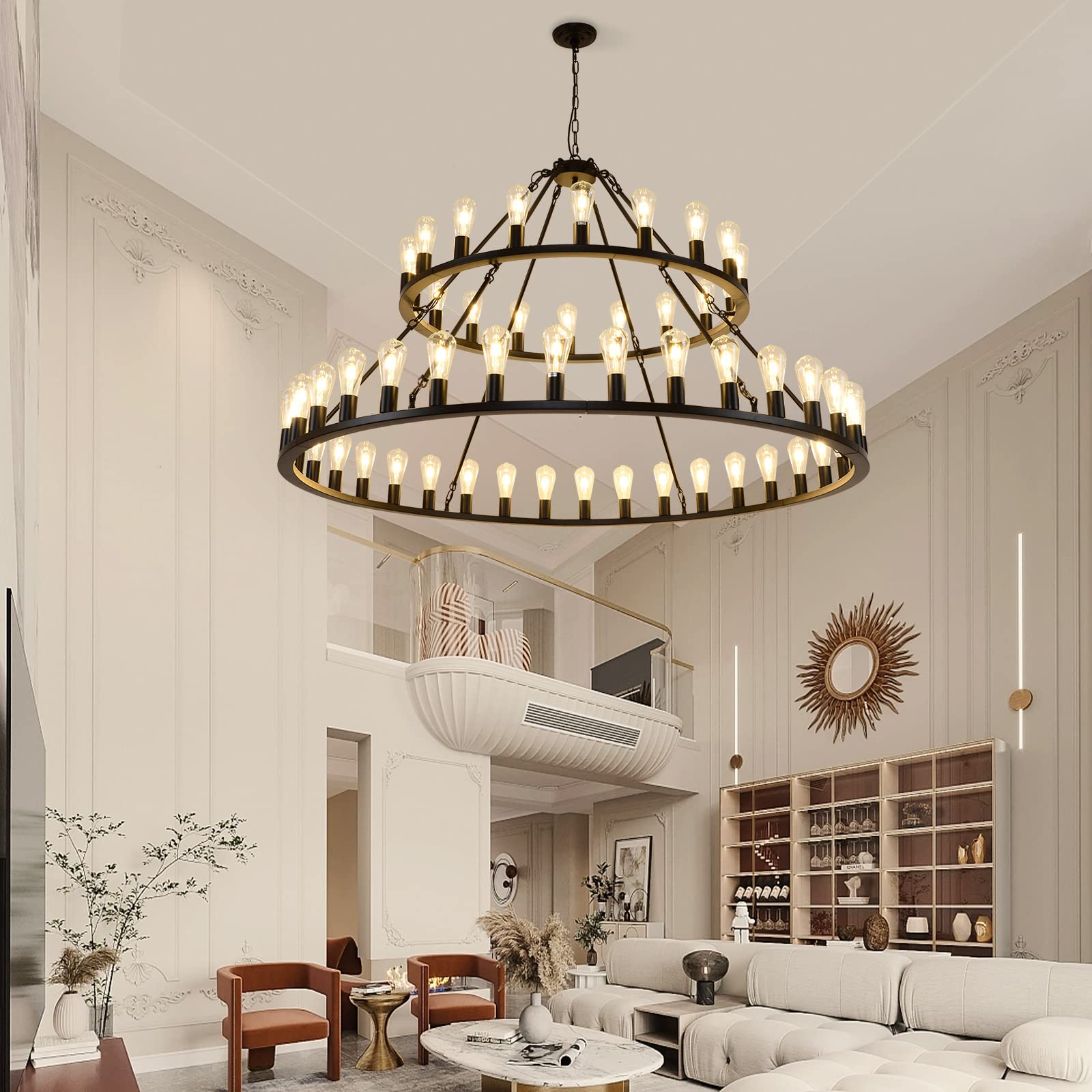 WOGON WEEL Wagon Wheel Chandelier, 2 Tier 54-Light, 60-inch Black Rustic Pendant Light for High Ceilings, Model chelun004