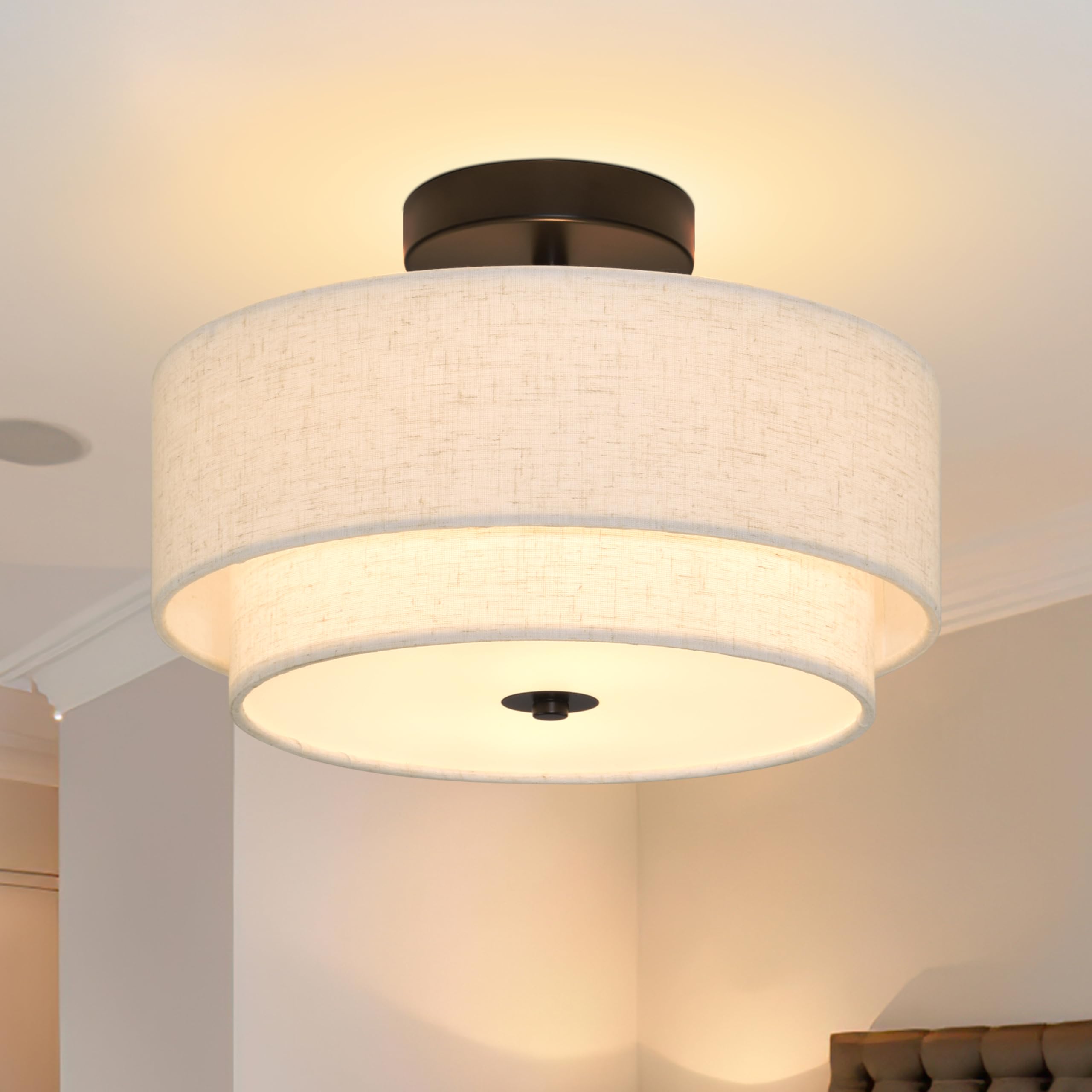 2 Light Semi Flush Mount Ceiling Light Fixture 12.6 Inch Modern Black Drum Ceiling Light Fixture With 2-Layer Fabric Shade Dimma