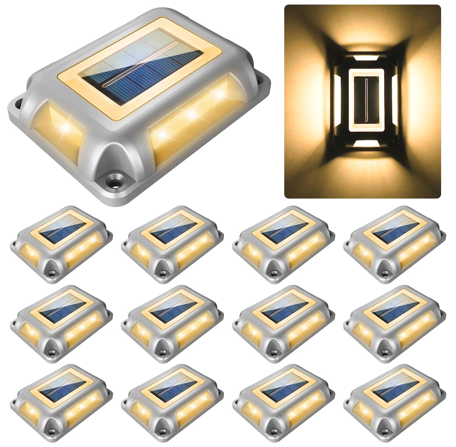 CREPOW Solar Deck Lights Driveway Dock Lights- 12 Packs Waterproof 1200mAh Solar Powered Outdoor LED Aluminum Dock Lighting Road Markers Step Light for Driveway Sidewalk Garden Pathway Yard (Blue)-New