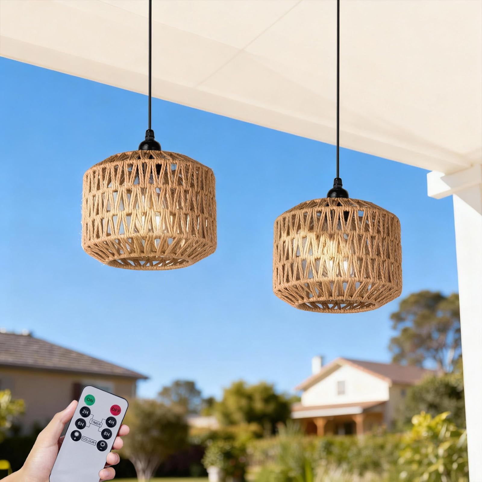 ALL FORTUNE Battery Operated Outdoor Chandelier, Battery Power Hanging Pendant Lights, Woven Rattan Gazebo Light Outdoor Waterpr