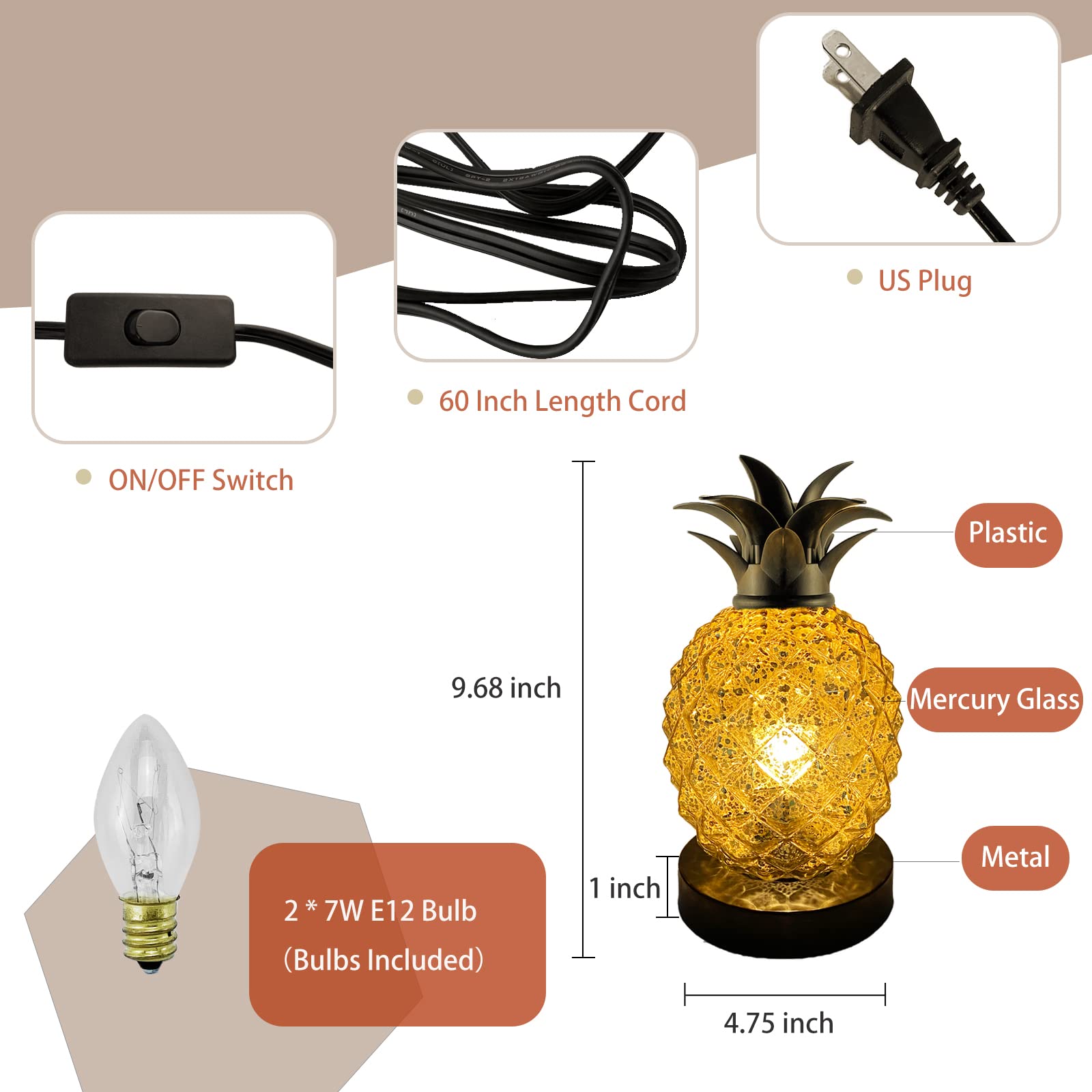 Table Lamp Mercury Glass Lamp Glass Table Lamp Pineapple Night Light For Bedroom Living Room Kids Room Gold Pineapple D  Cor Hom