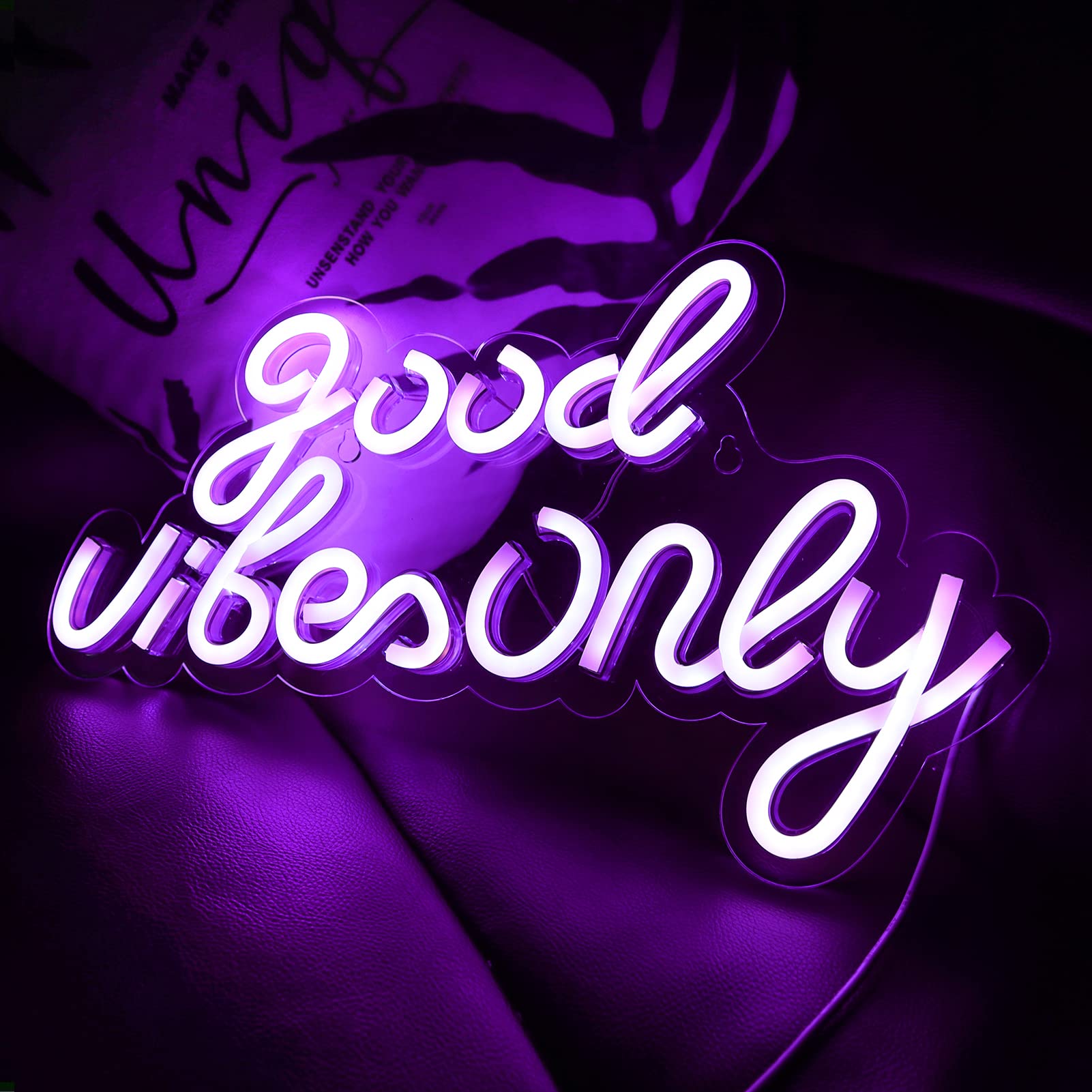 JFLLamp Good Vibes Only Neon Sign - 16.5" x 10" Purple LED Wall Decor, Plastic, Model GBO-Purple, Perfect for Bedroom and Parties