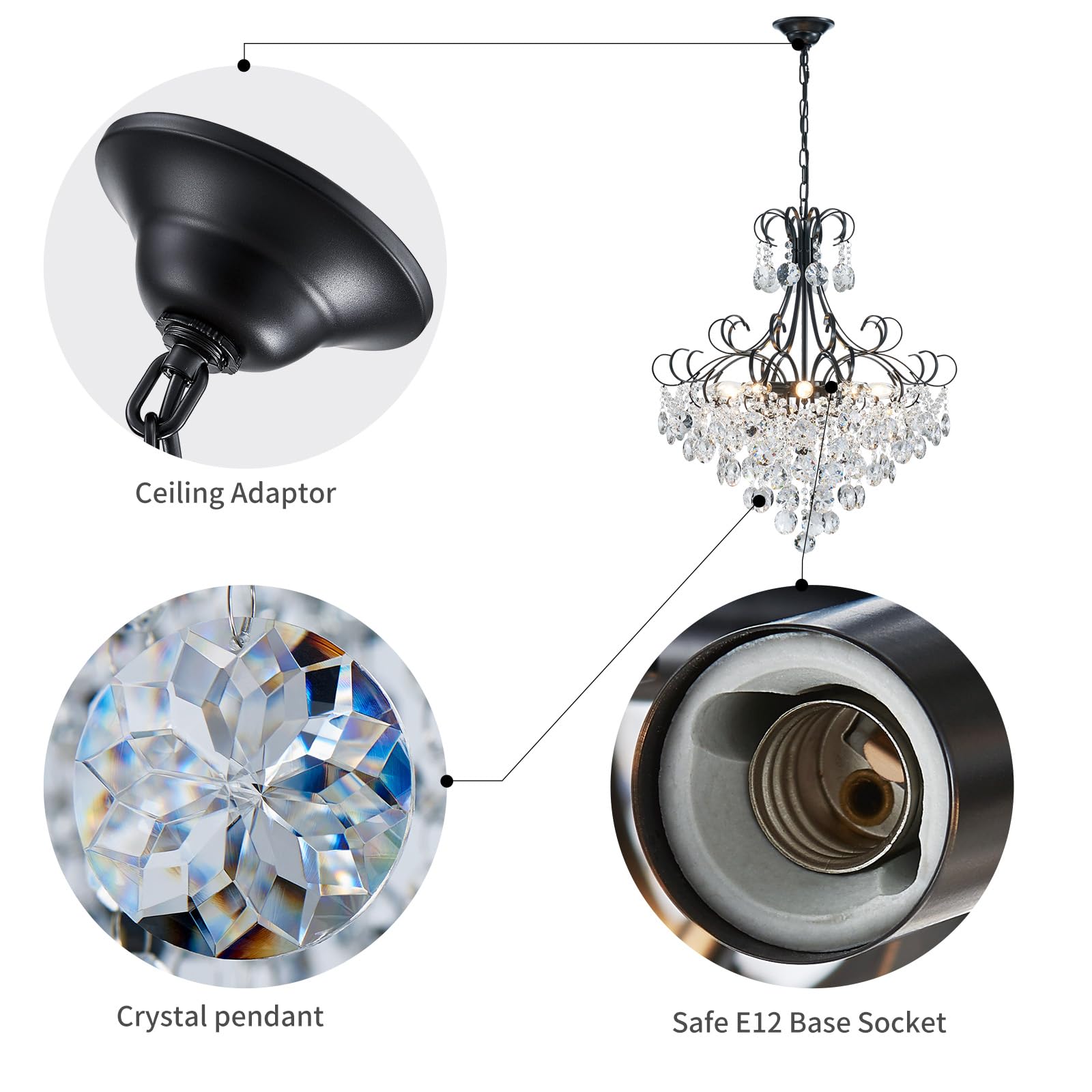 ANJIADENGSHI Crystal Chandelier, K9 Crystal Lighting, 28" High, 23" Wide, Black, Model CL-0019B, 10 E12 Bulbs
