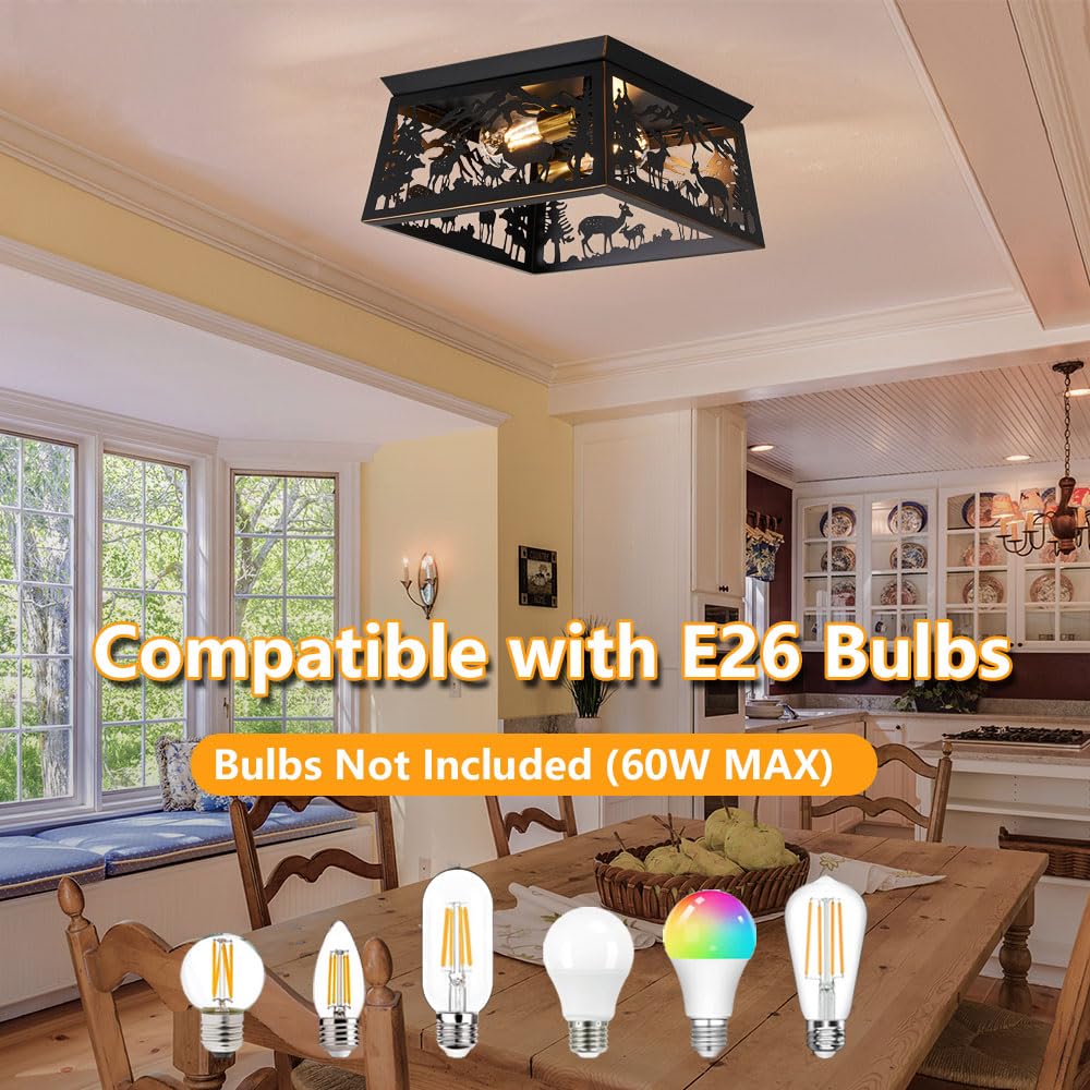 Black Semi Flush Mount Ceiling Light Fixture, Rustic Cabin Deer Ceiling Light Fixture, Metal Country Farmhouse Ceiling Lamp For