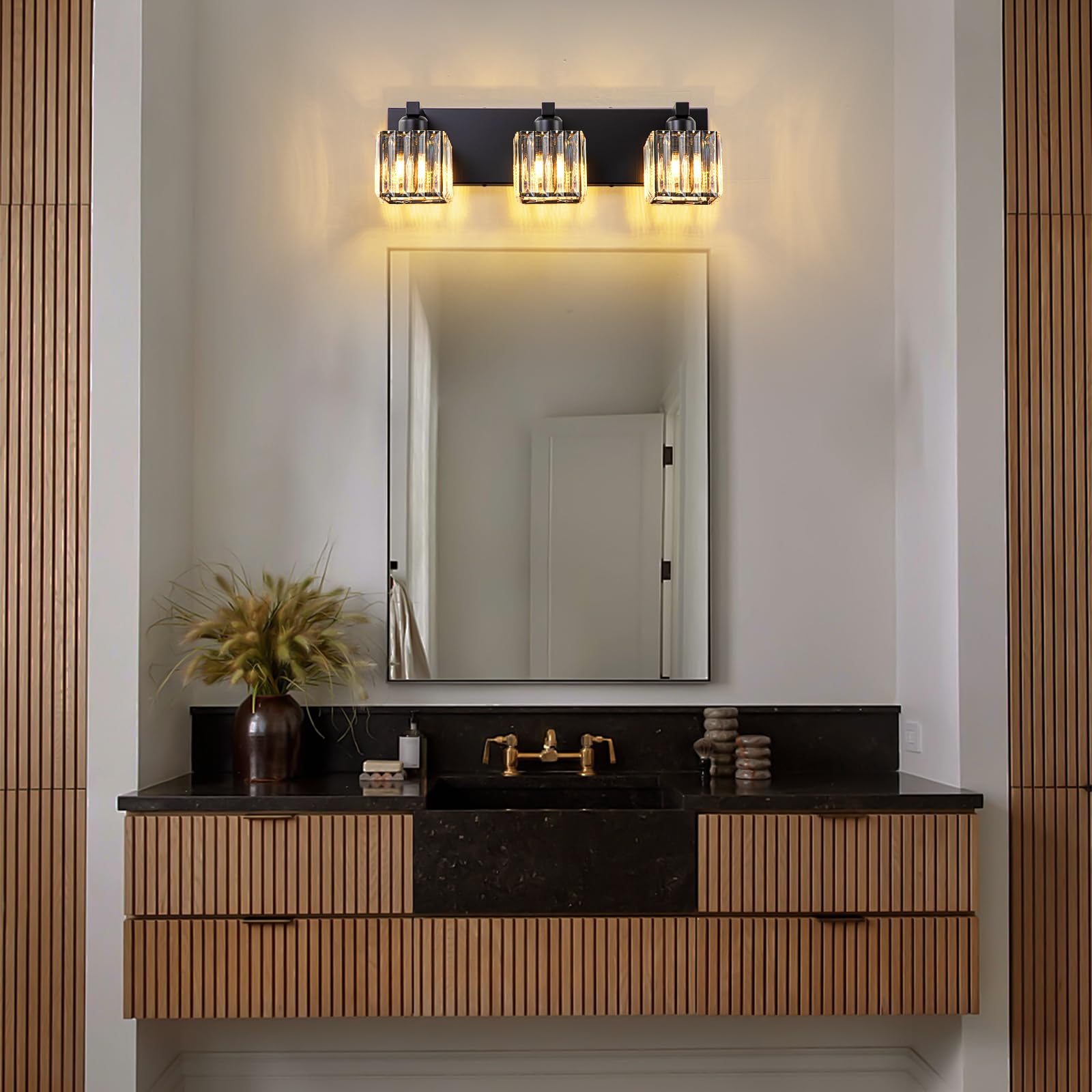 Huoku Modern Crystal Bathroom Vanity Light Black 3-Lights Bathroom Lighting Fixtures Over Mirror, Wall Light Bathroom Light Fixt