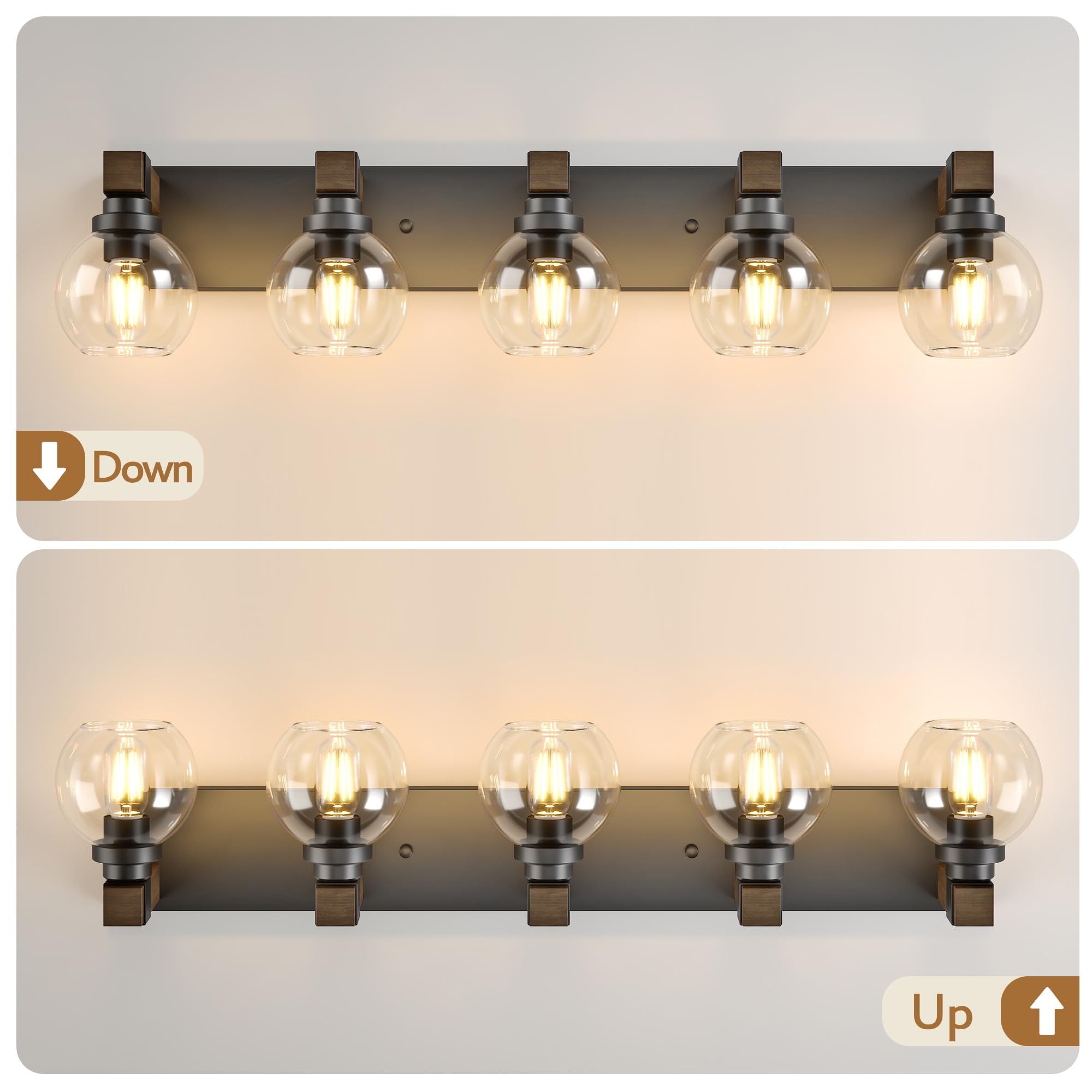 Farmhouse Bathroom Vanity Light Fixtures  5-Light Wood Bathroom Light Fixtures Over Mirror  Rustic Sconces Wall Lighting With Glass Shade For Living Room  Bedroom  Hallway
