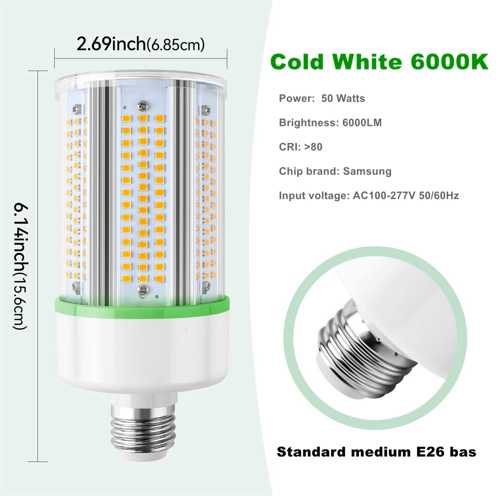 2-Pack 50W Led Corn Light Bulb,E26 Led Bulbs 5000K,Replacement Hid Hps Cfl Mh Lamp For Indoor Outdoor Ceiling Fan Garage Yard Po