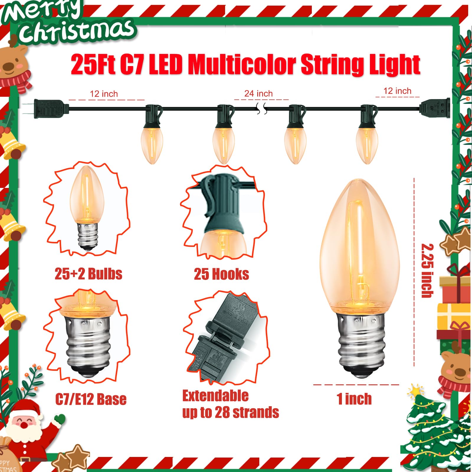 Lnguistic C7 LED String Lights, 25FT, 27 Warm White Bulbs, Clear Plastic, Connectable, Outdoor Christmas Decorations