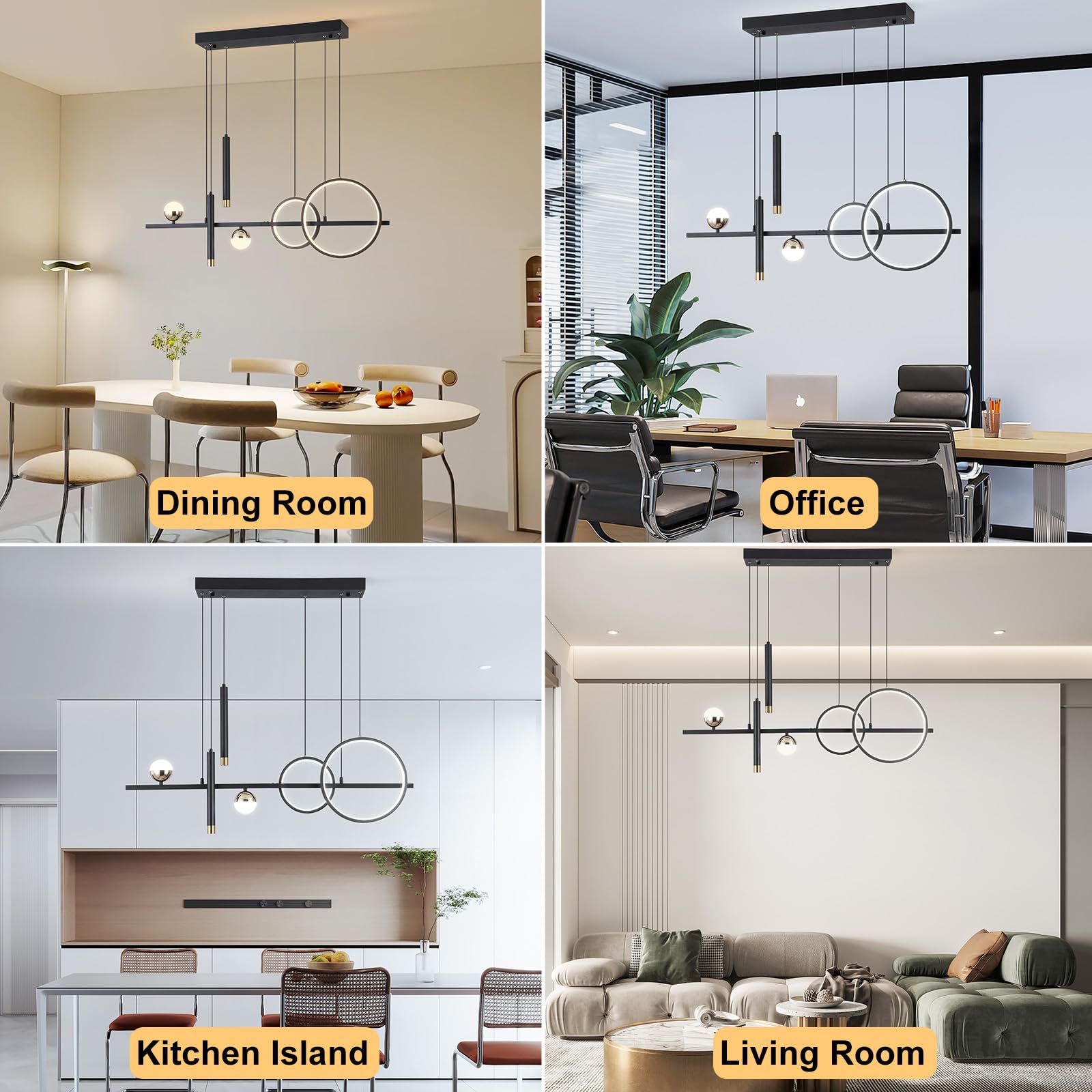 Oranoor Modern Led Pendant Lights, Dimmable 39In Linear Wave Led Chandelier Lighting, Black & Gold Dining Room Hanging Light Fixtures Kitchen Island Globe Pendant Light For Dining Table (2700Lm)