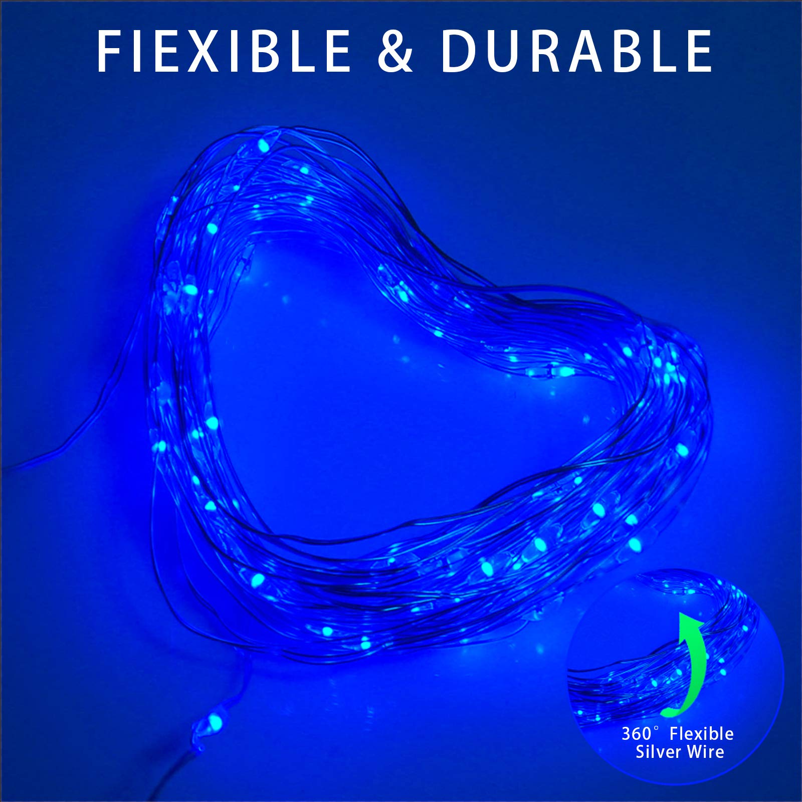 YAOZHOU Solar Christmas String Lights, 200 LED, 66Ft, 8 Modes, Waterproof, Blue, 2 Pack, Model YZ001