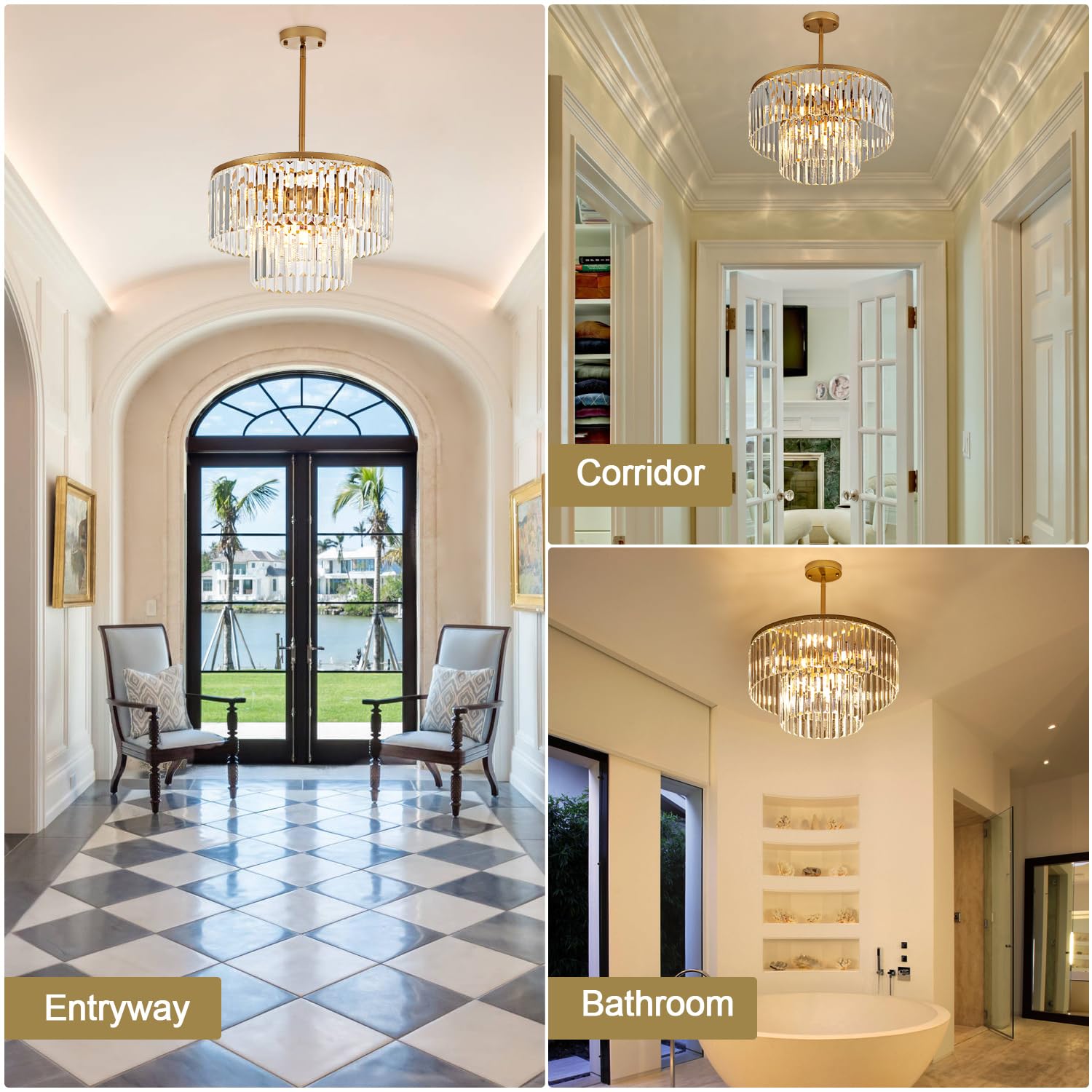 Lighceac 17.7 Gold Semi Flush Mount 2-Tier Crystal Ceiling Light Fixtures For Dining Room Modern Industrial 8-Light Chandeliers Lighting For Bedroom Entryway Hallway Kitchen Island Living Room Foyer