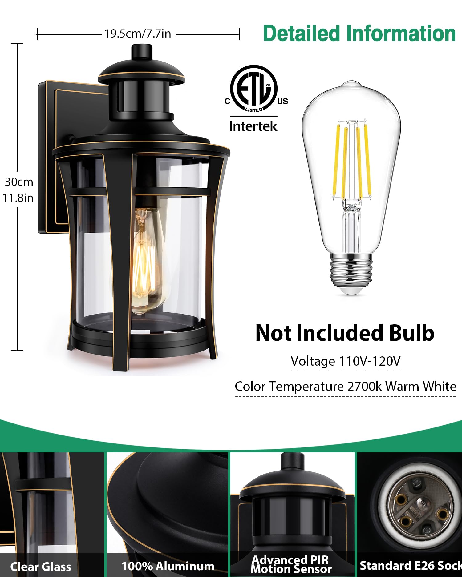 Lamomo Outdoor Motion Sensor Lights, 2-Pack Dusk to Dawn Wall Sconces, Waterproof Black and Gold, Model 0289-G-2PUS