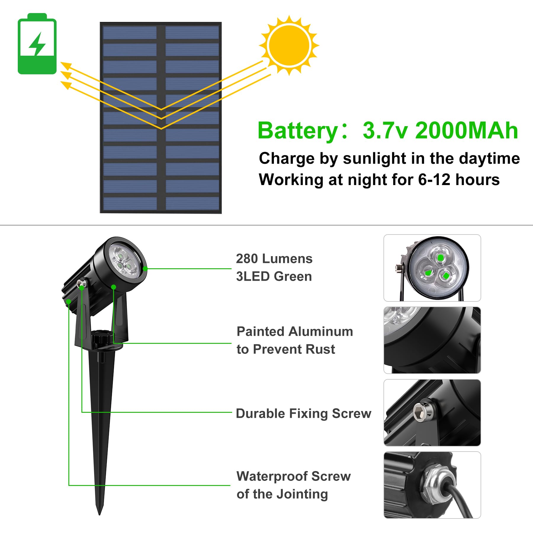 Crepow Green Solar Spot Lights Outdoor, 2 Pack Solar Landscape Spotlights Ip65 Waterproof 9.8Ft Cable, Auto On/Off Outdoor Wall