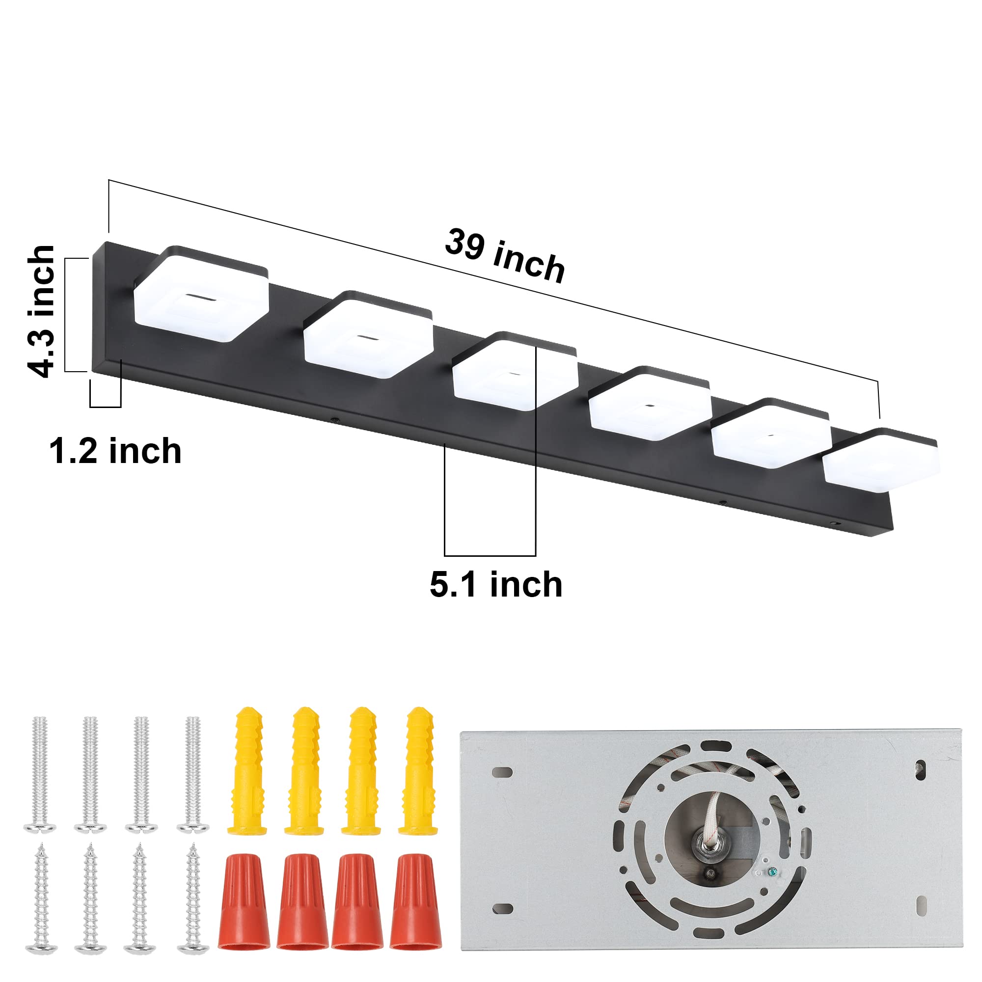 Goodate 3 Color Dimmable Led Vanity Light Fixtures - 6 Light Acrylic Stainless Steel Black Bathroom Light